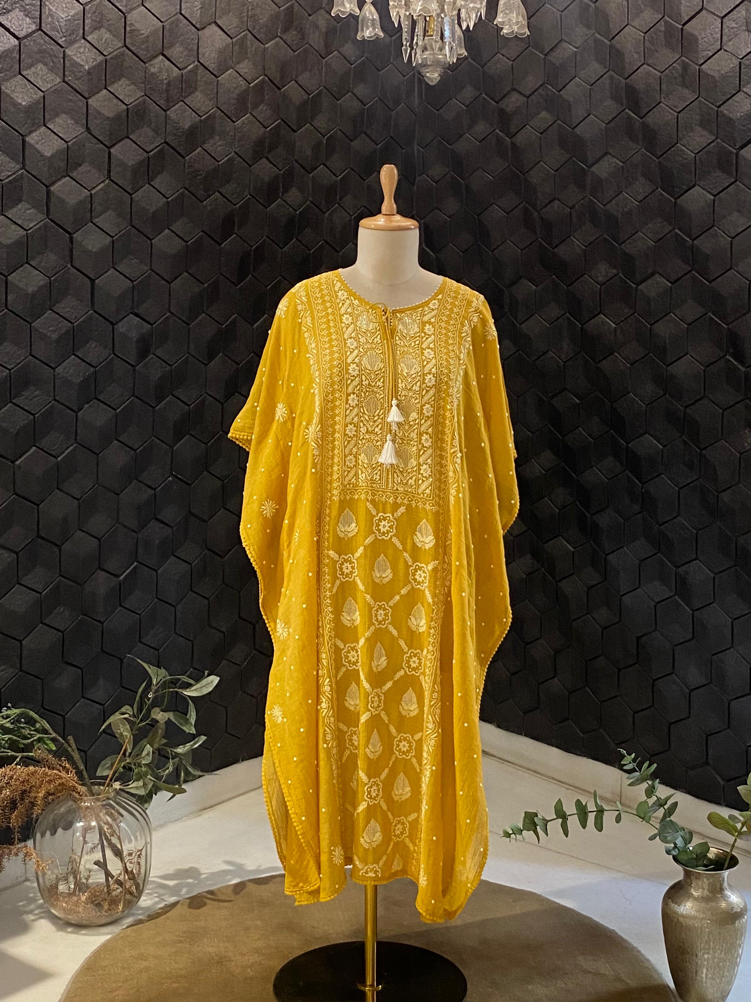 Mustard golden tissue chikankari kaftan