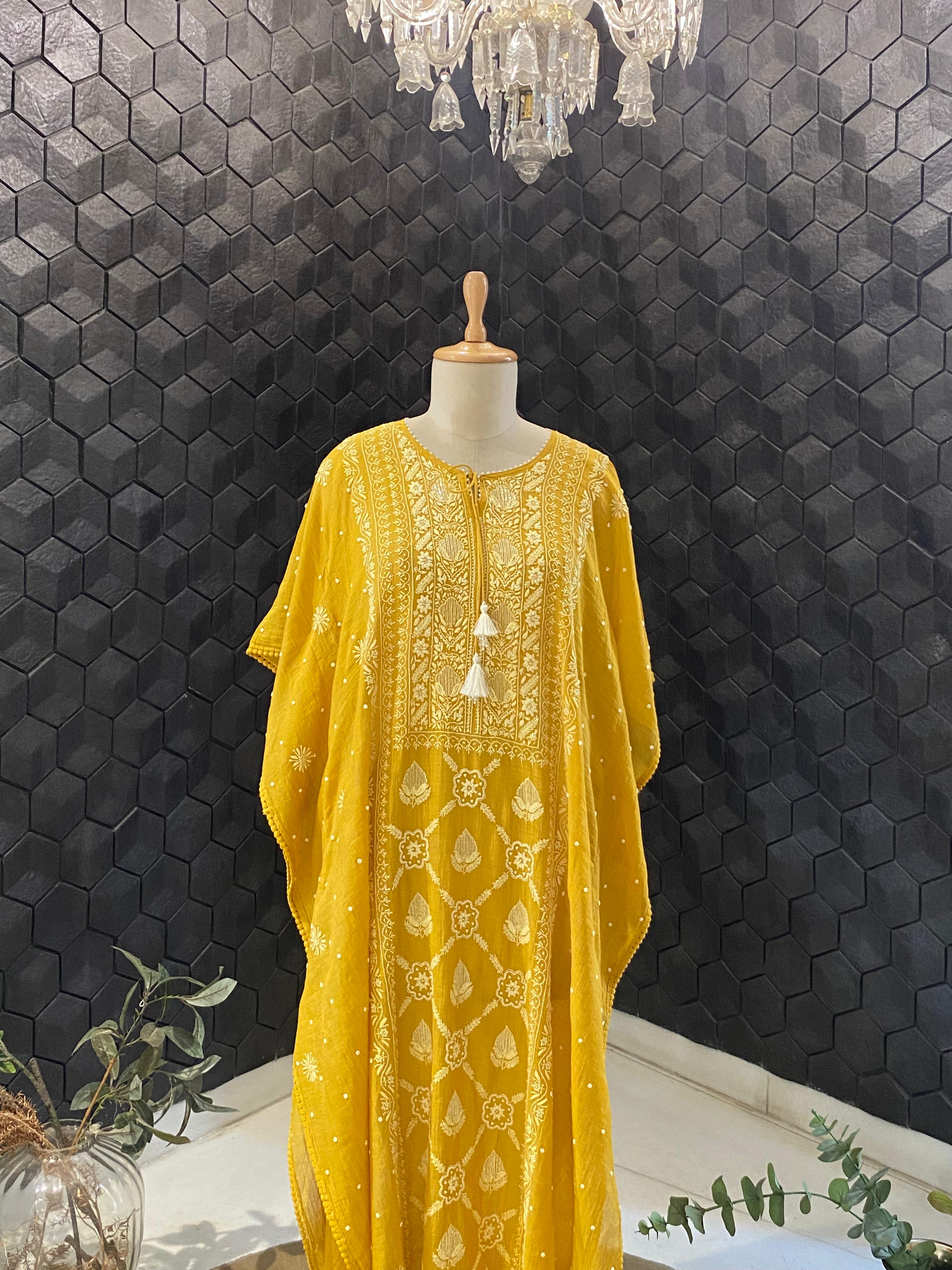 Mustard golden tissue chikankari kaftan