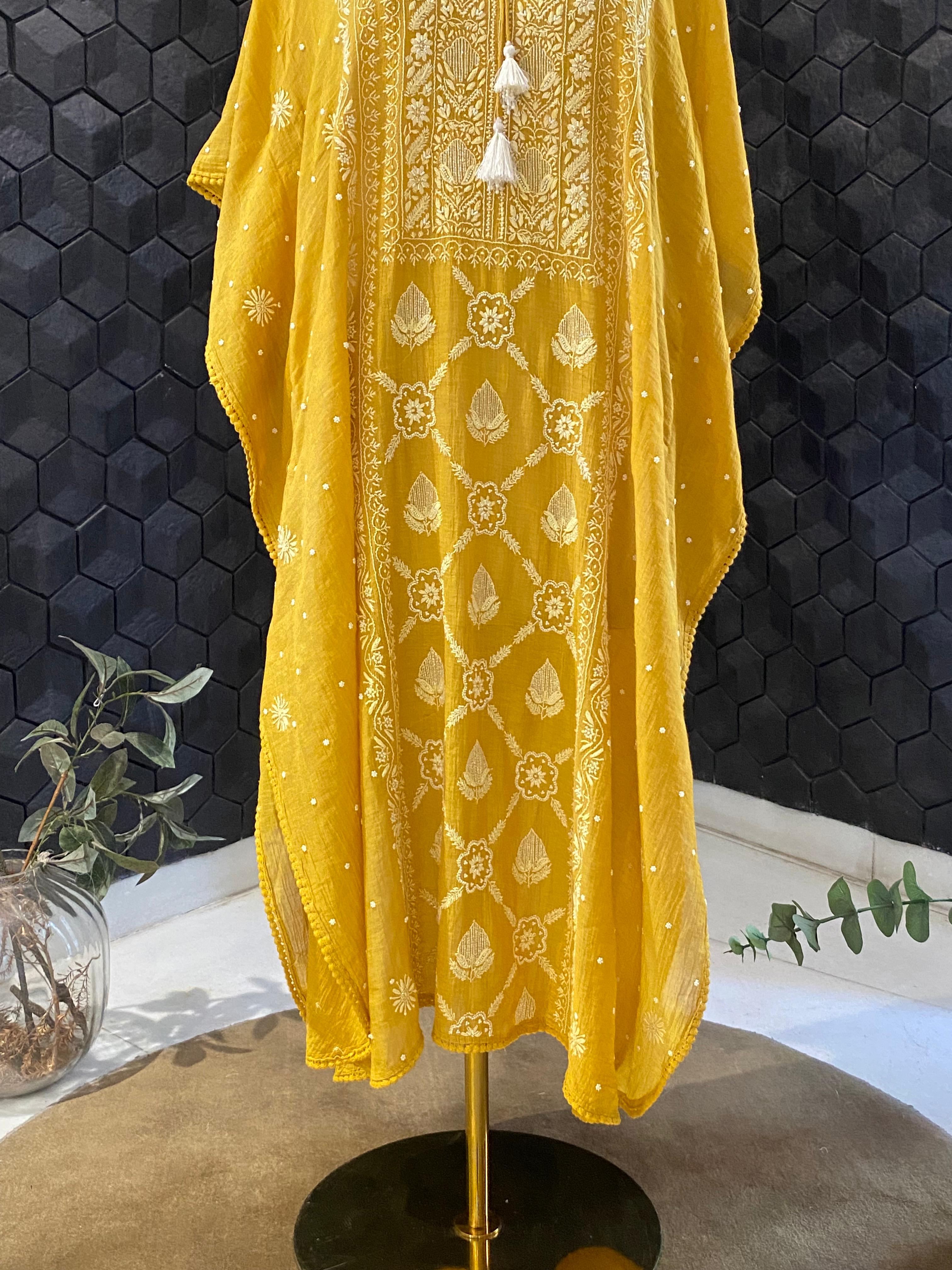 Mustard golden tissue chikankari kaftan