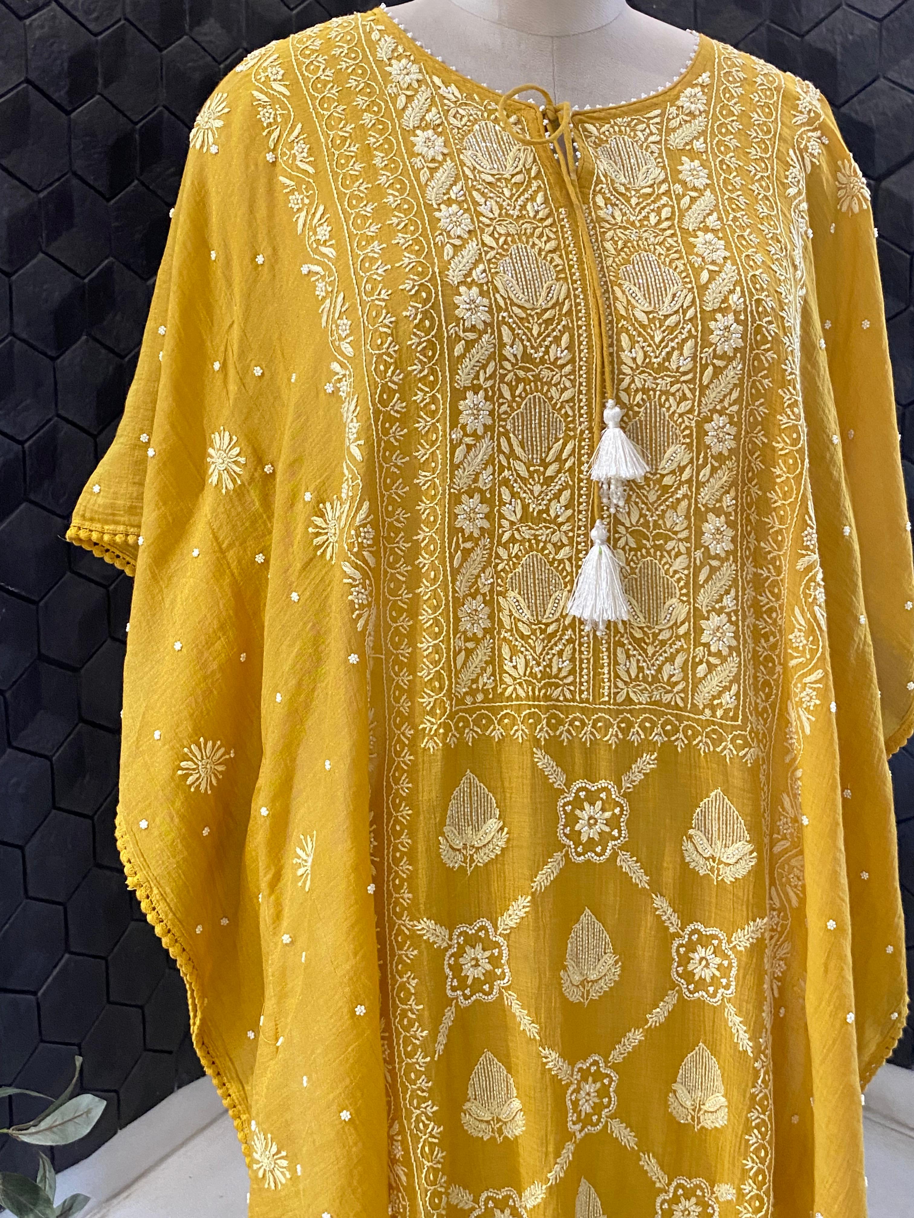 Mustard golden tissue chikankari kaftan