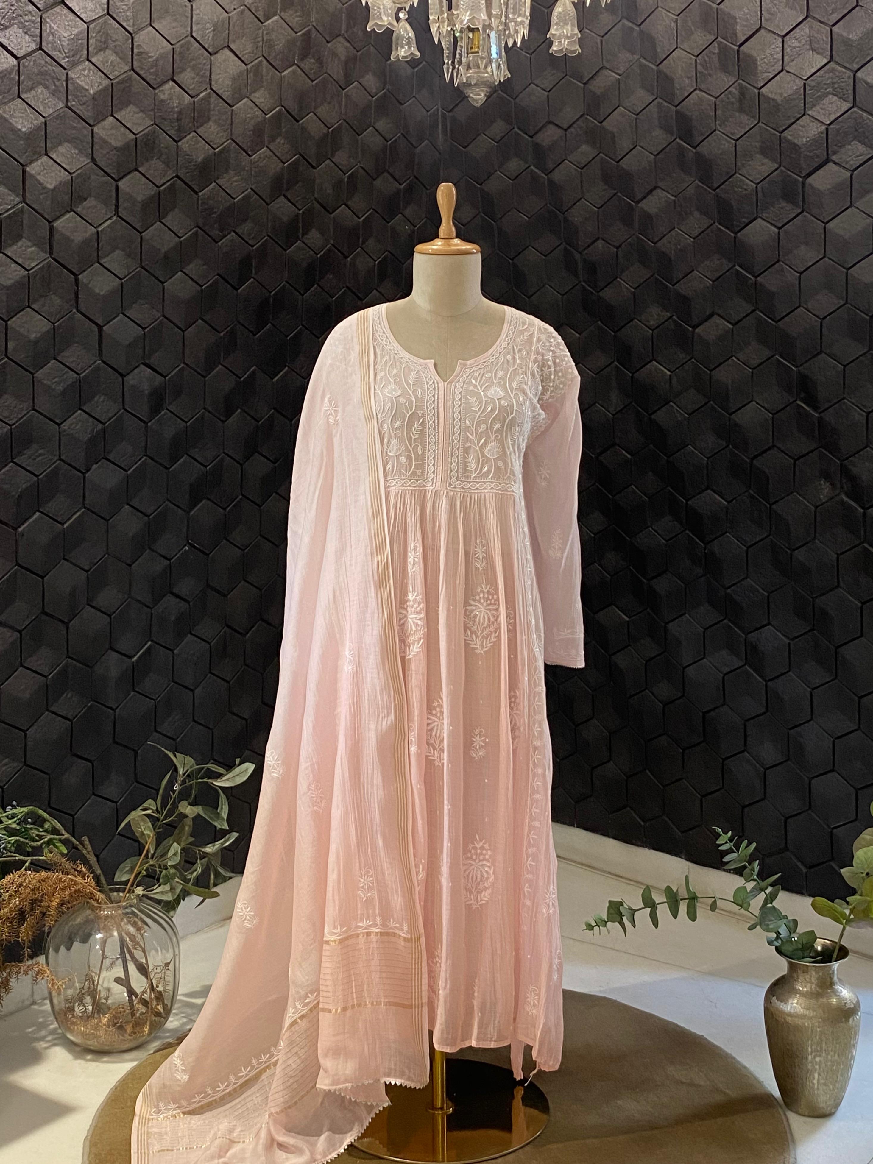 Pink mul chanderi chikankari kurta set
