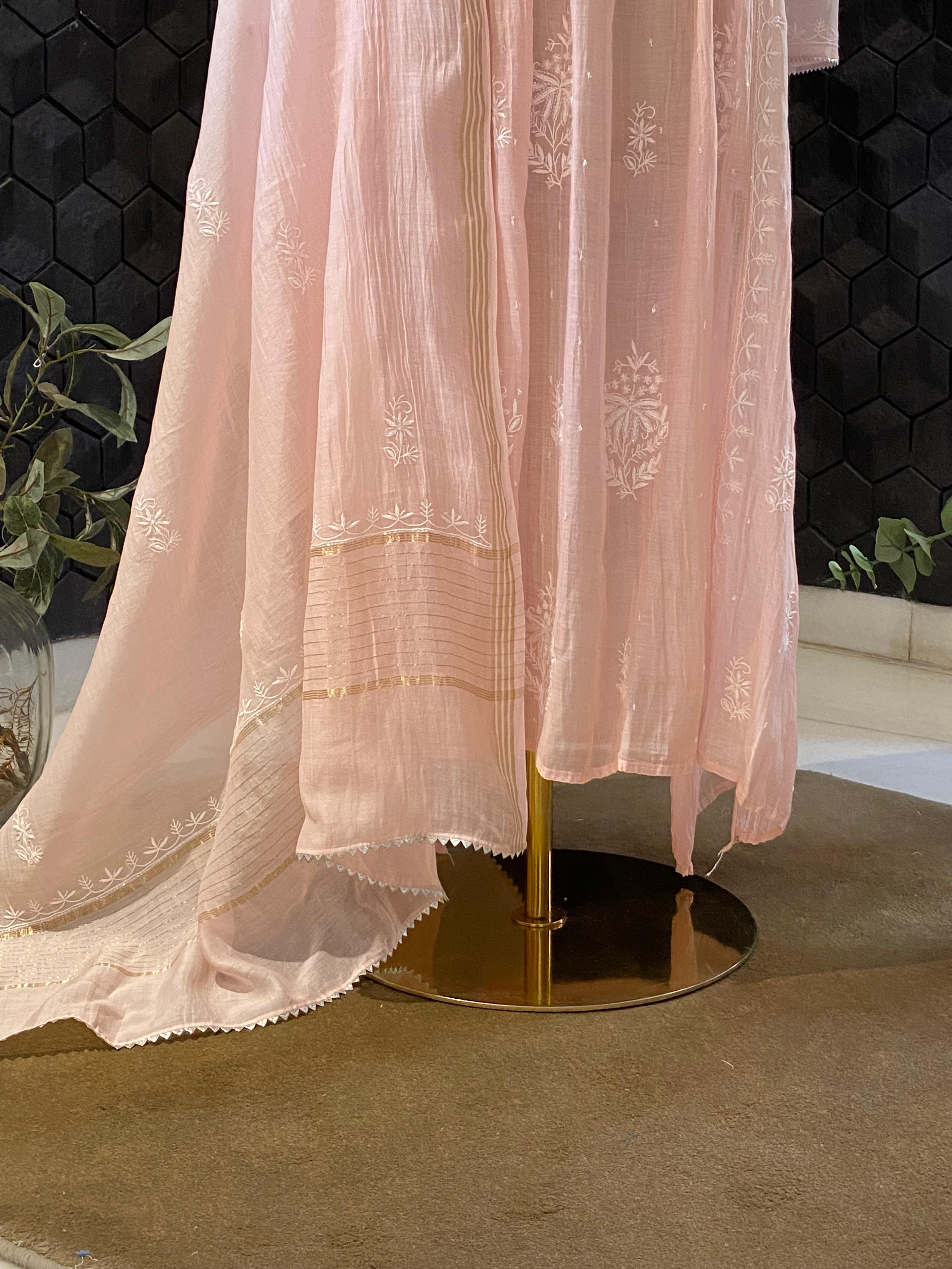 Pink mul chanderi chikankari kurta set