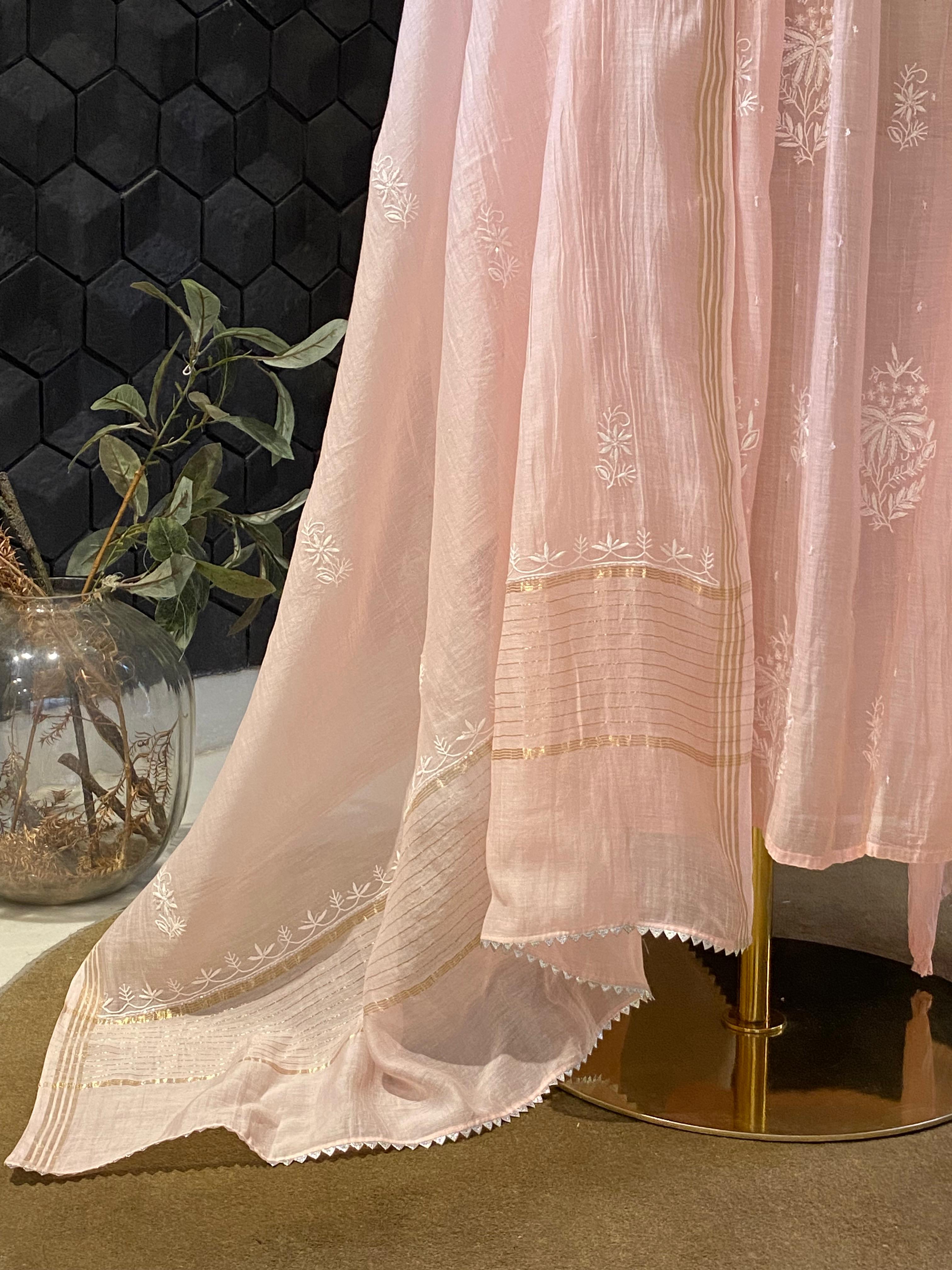 Pink mul chanderi chikankari kurta set