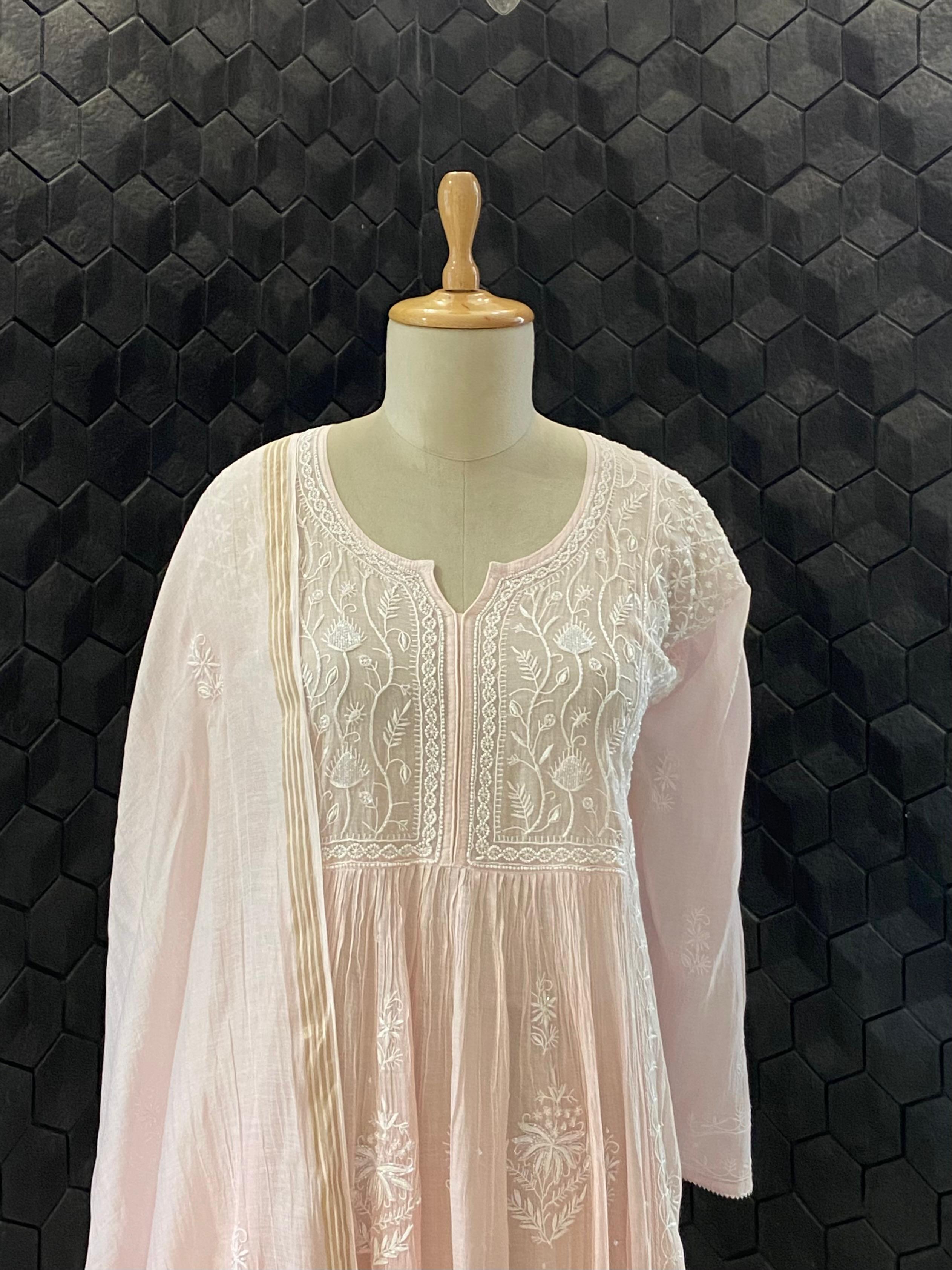 Pink mul chanderi chikankari kurta set