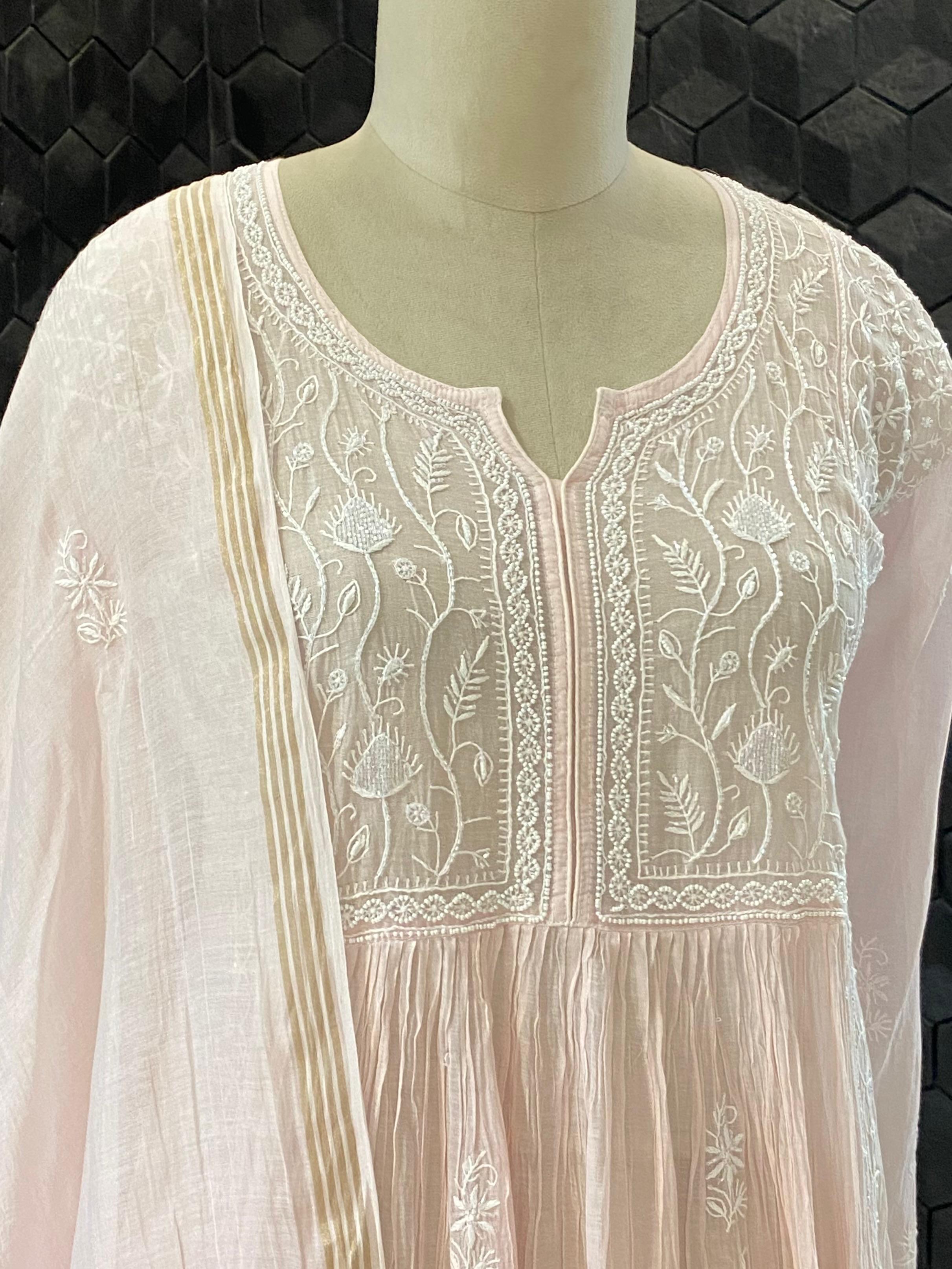 Pink mul chanderi chikankari kurta set