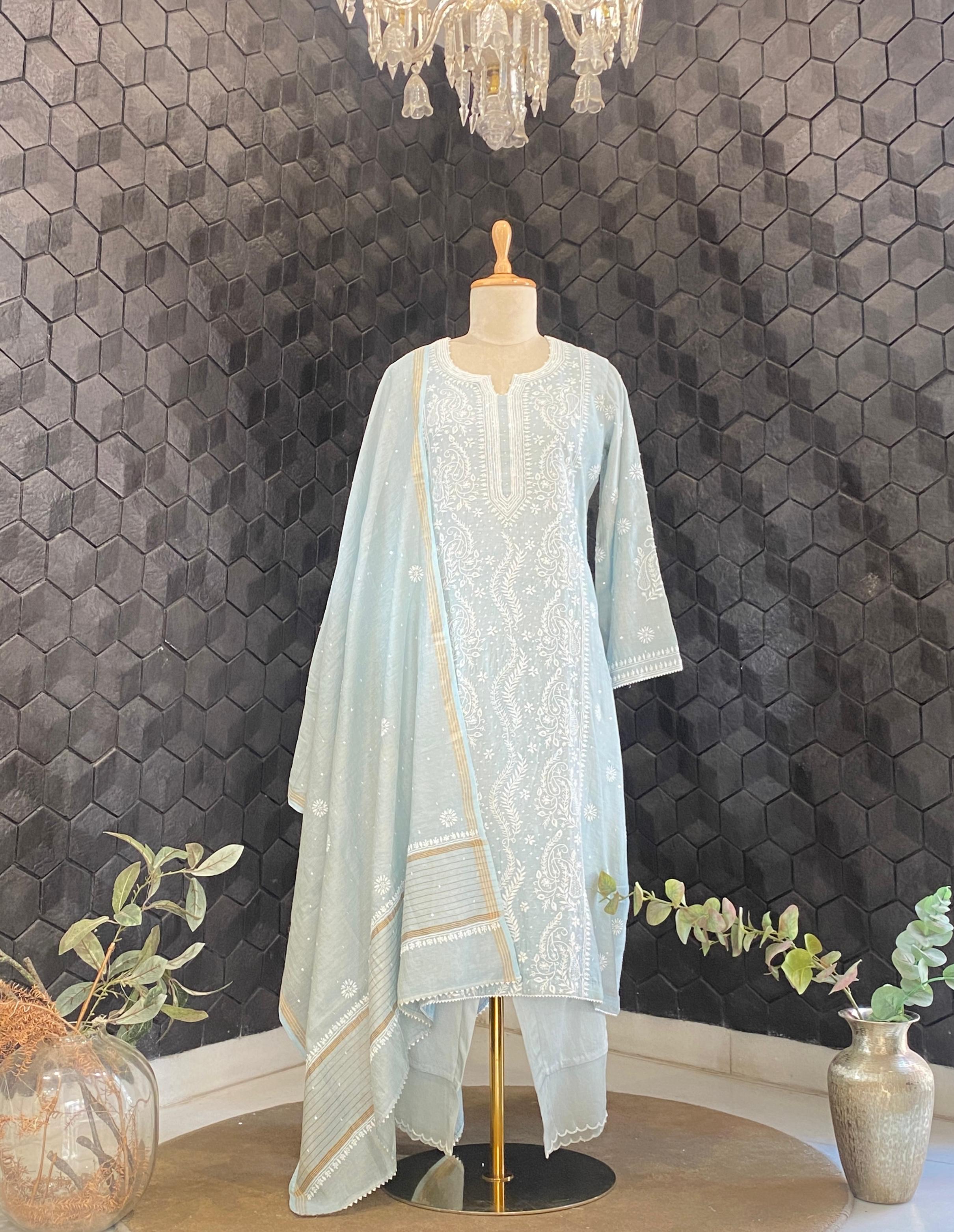 Blue tissue chikankari kurta set