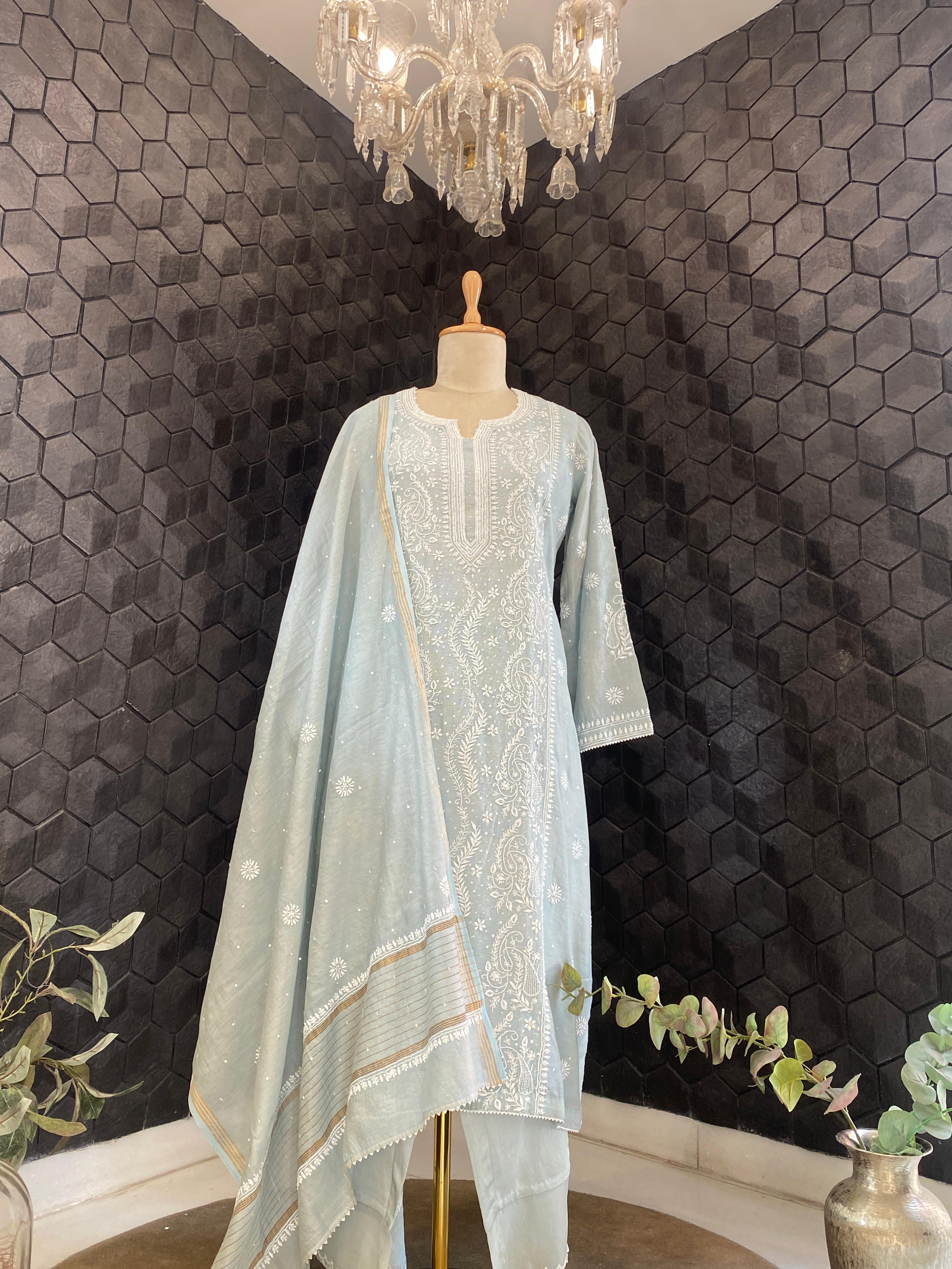 Blue tissue chikankari kurta set