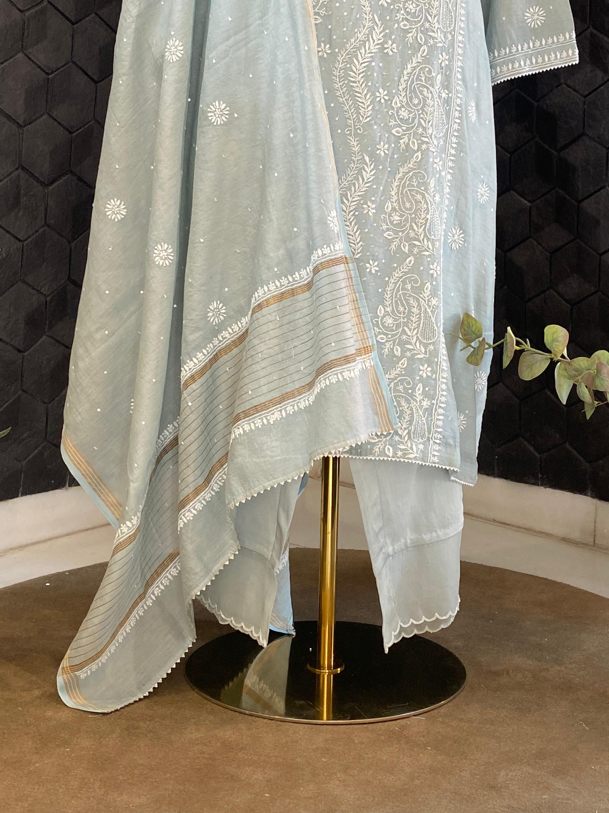Blue tissue chikankari kurta set