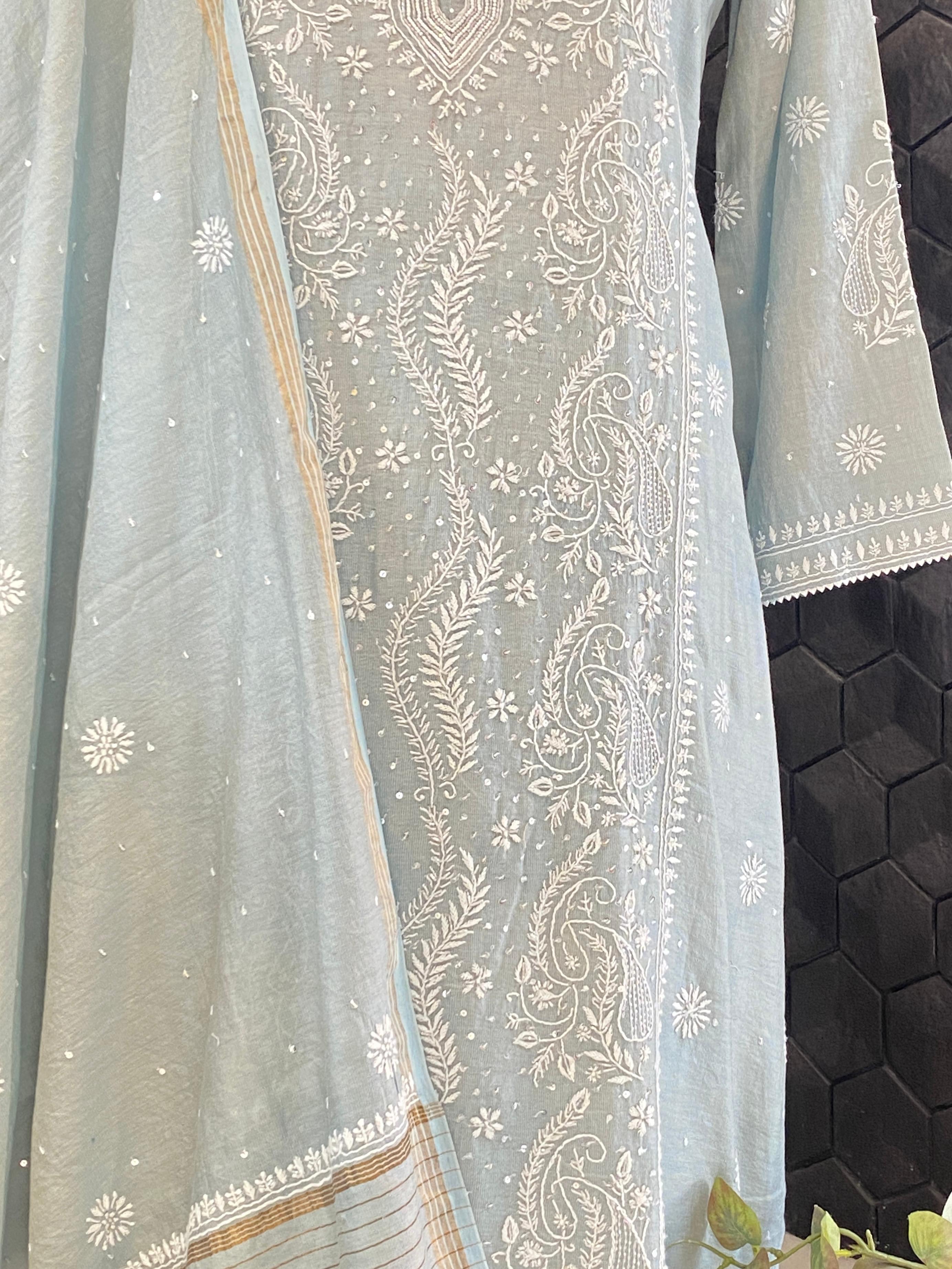 Blue tissue chikankari kurta set