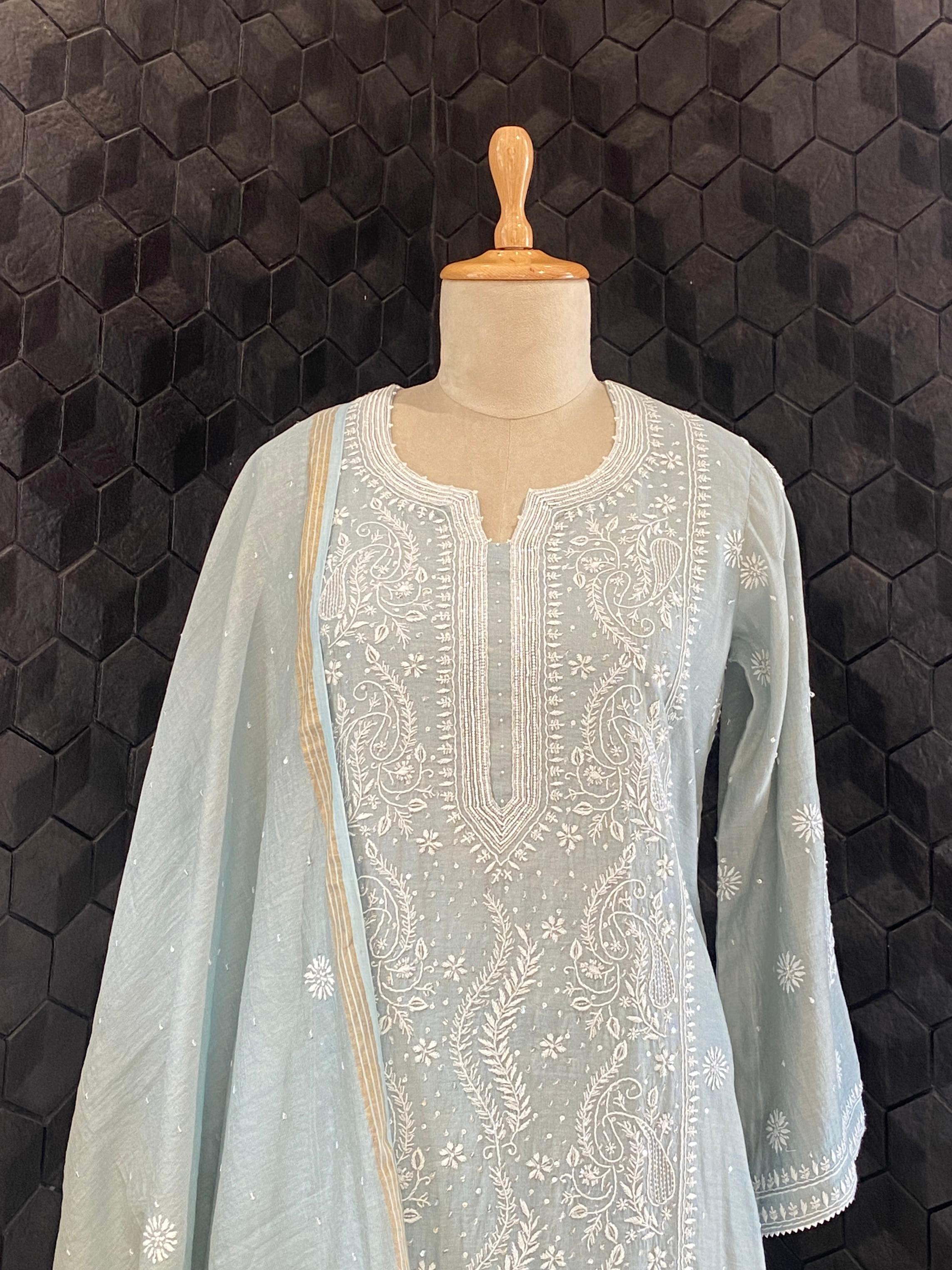 Blue tissue chikankari kurta set