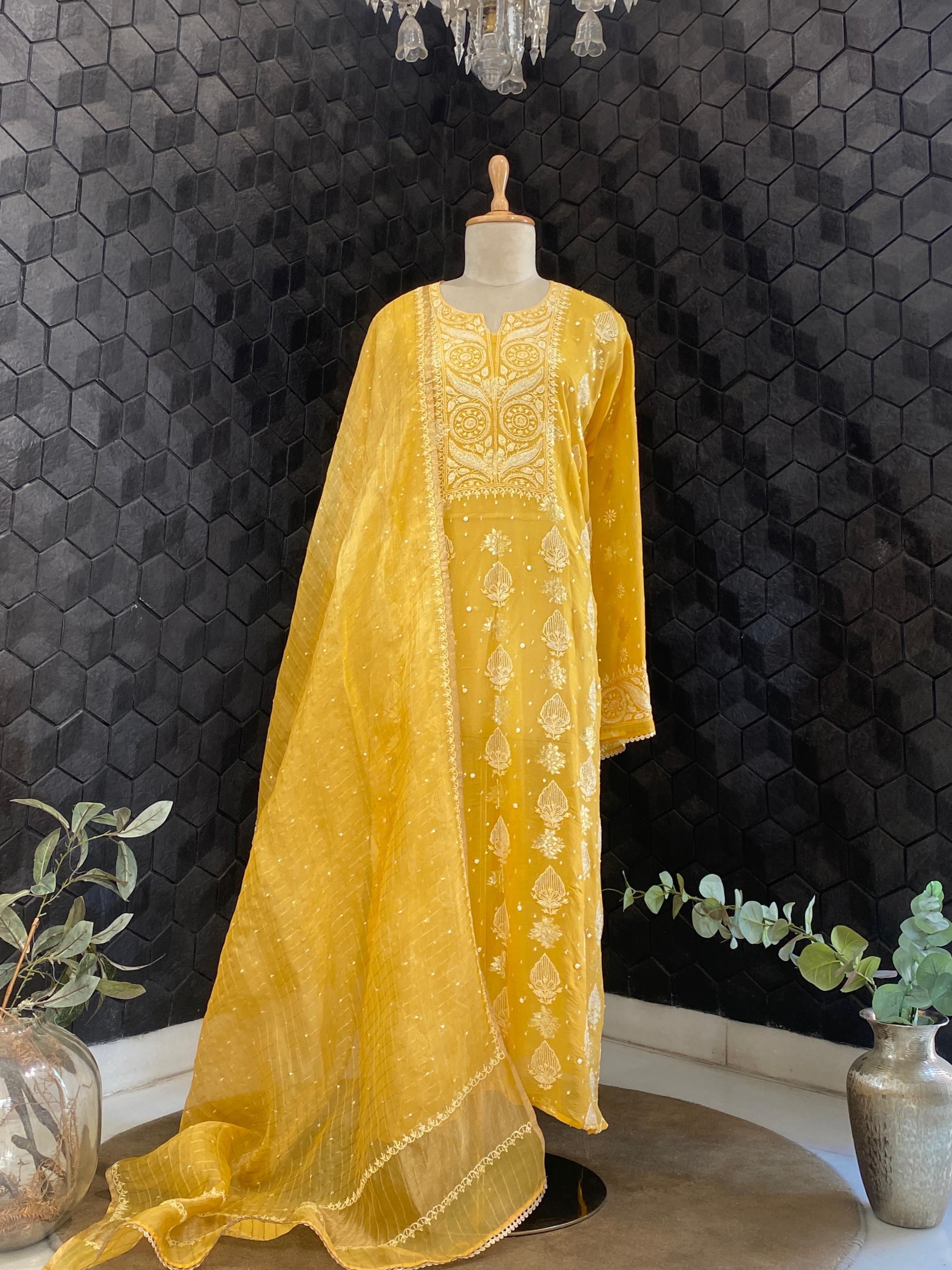 Mustard organza chikankari kurta set
