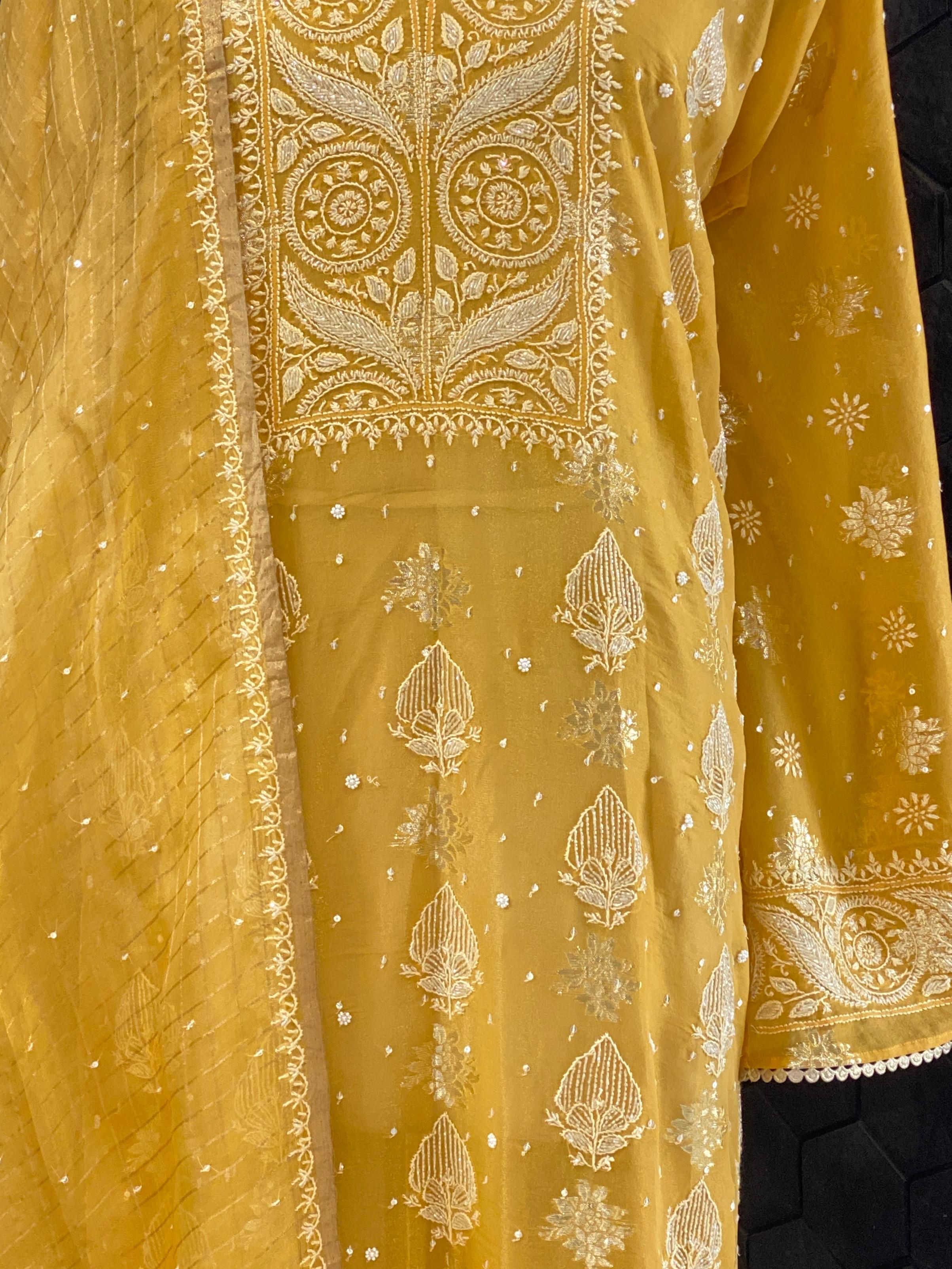 Mustard organza chikankari kurta set