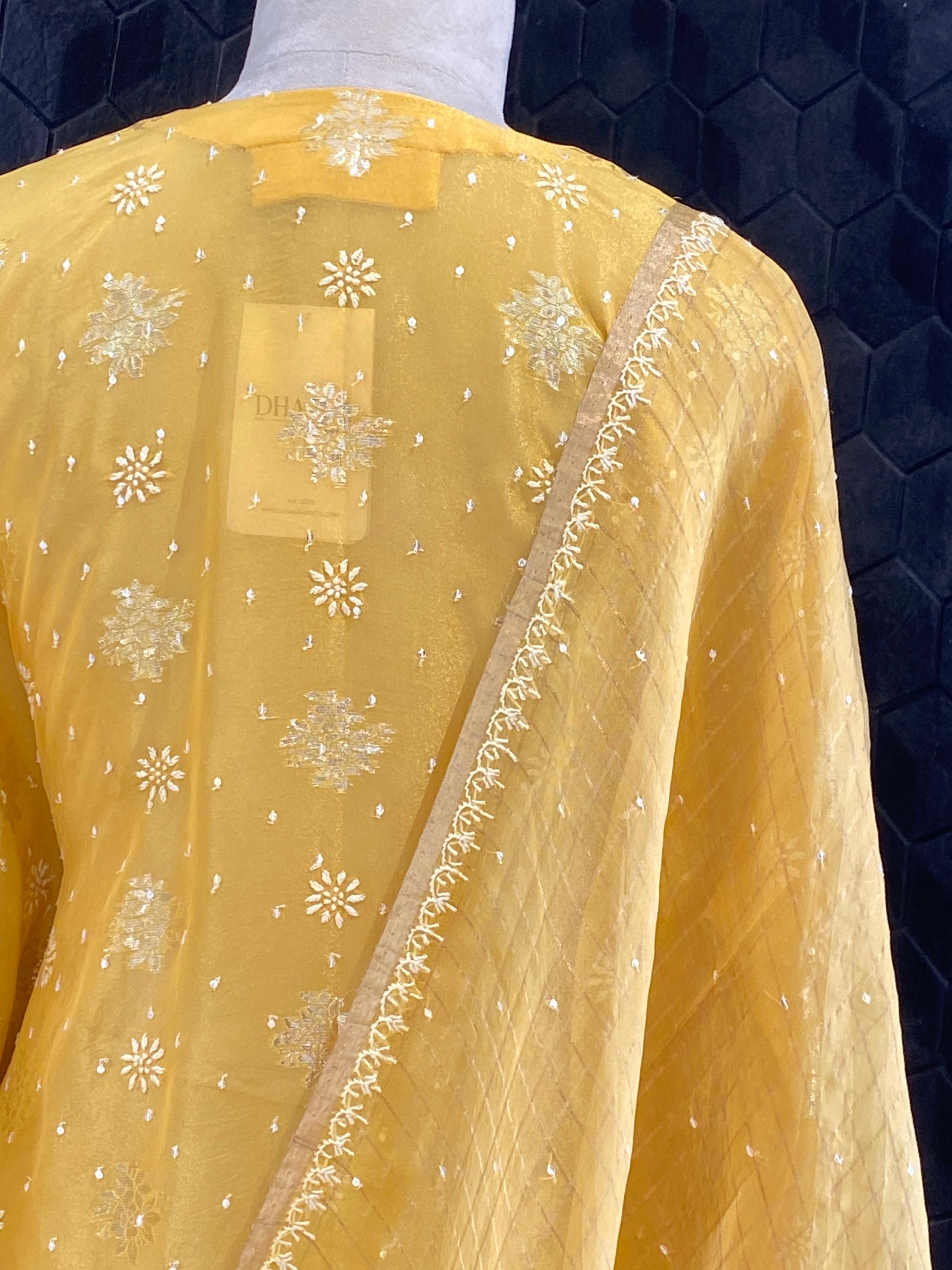 Mustard organza chikankari kurta set