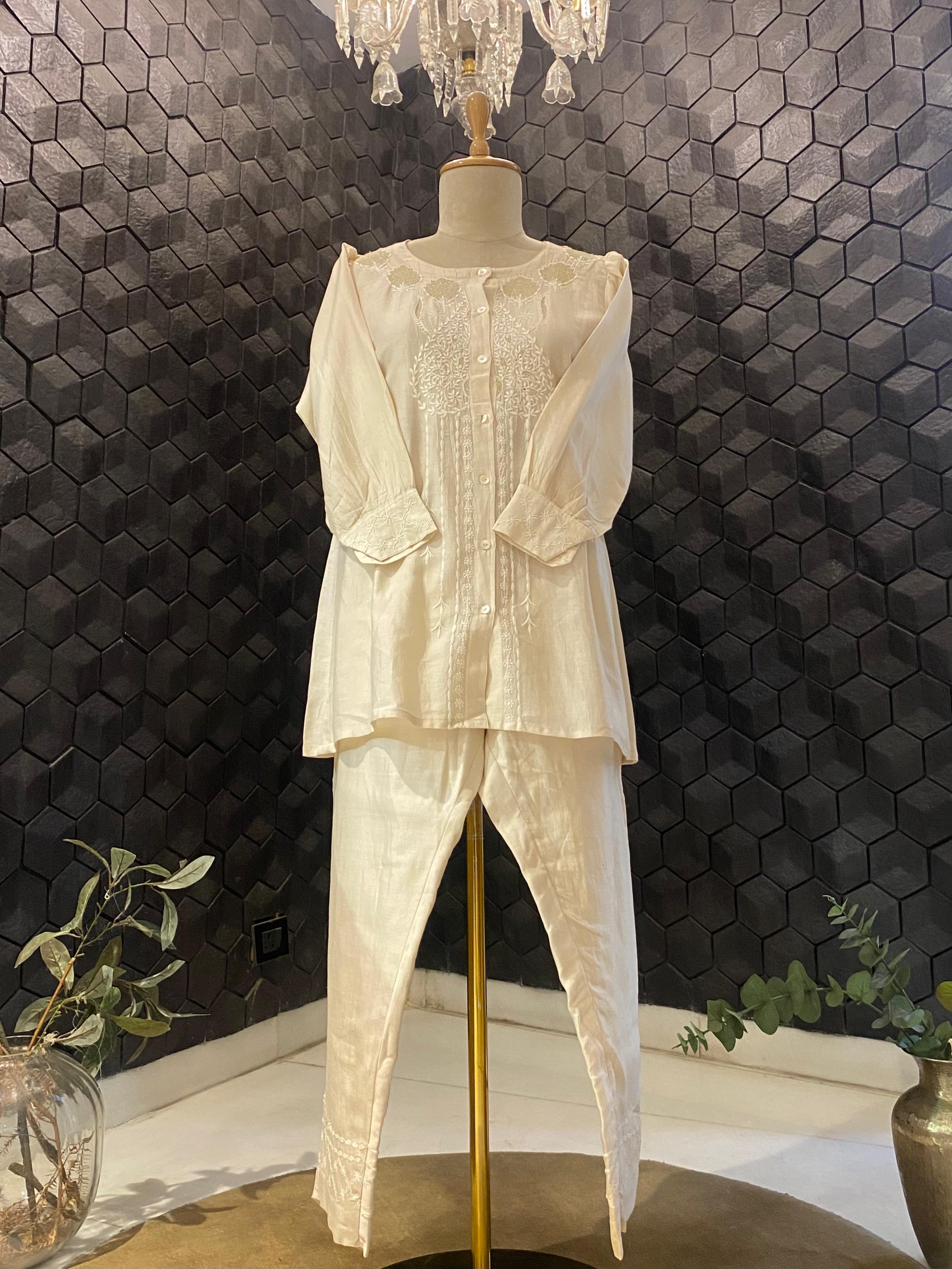 Beige chanderi chikankari co-ord set