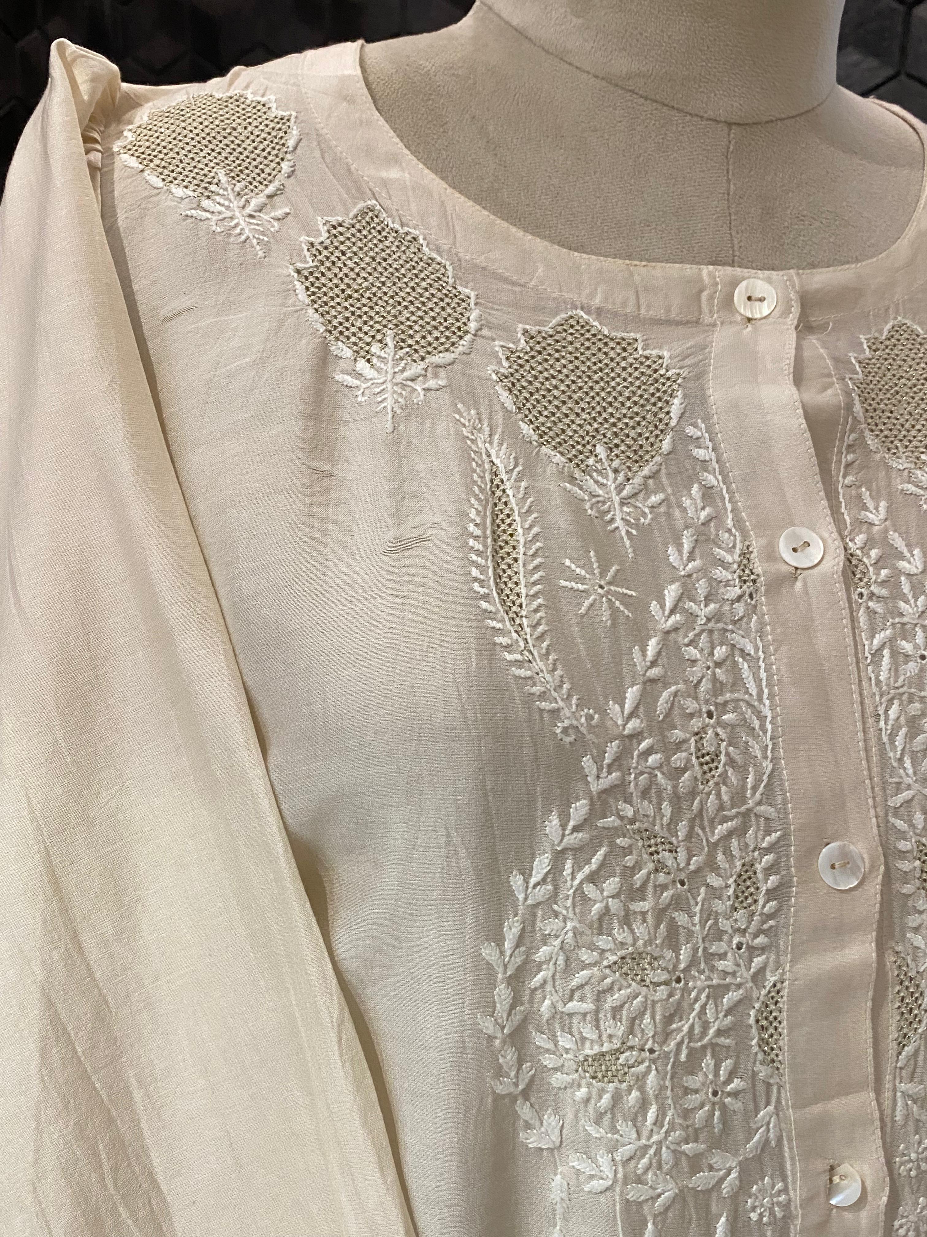 Beige chanderi chikankari co-ord set