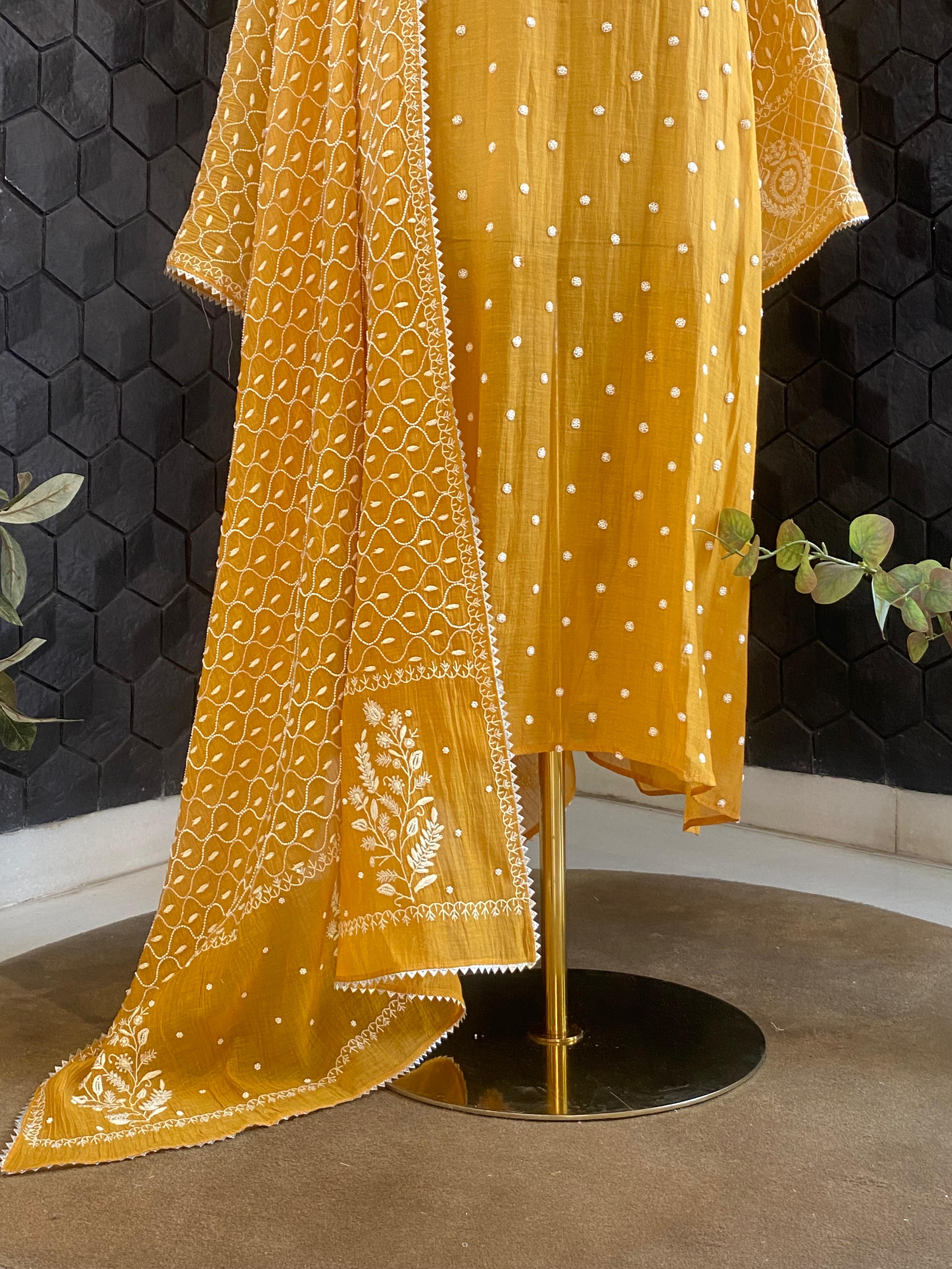 Mustard mul chanderi chikankari kurta set