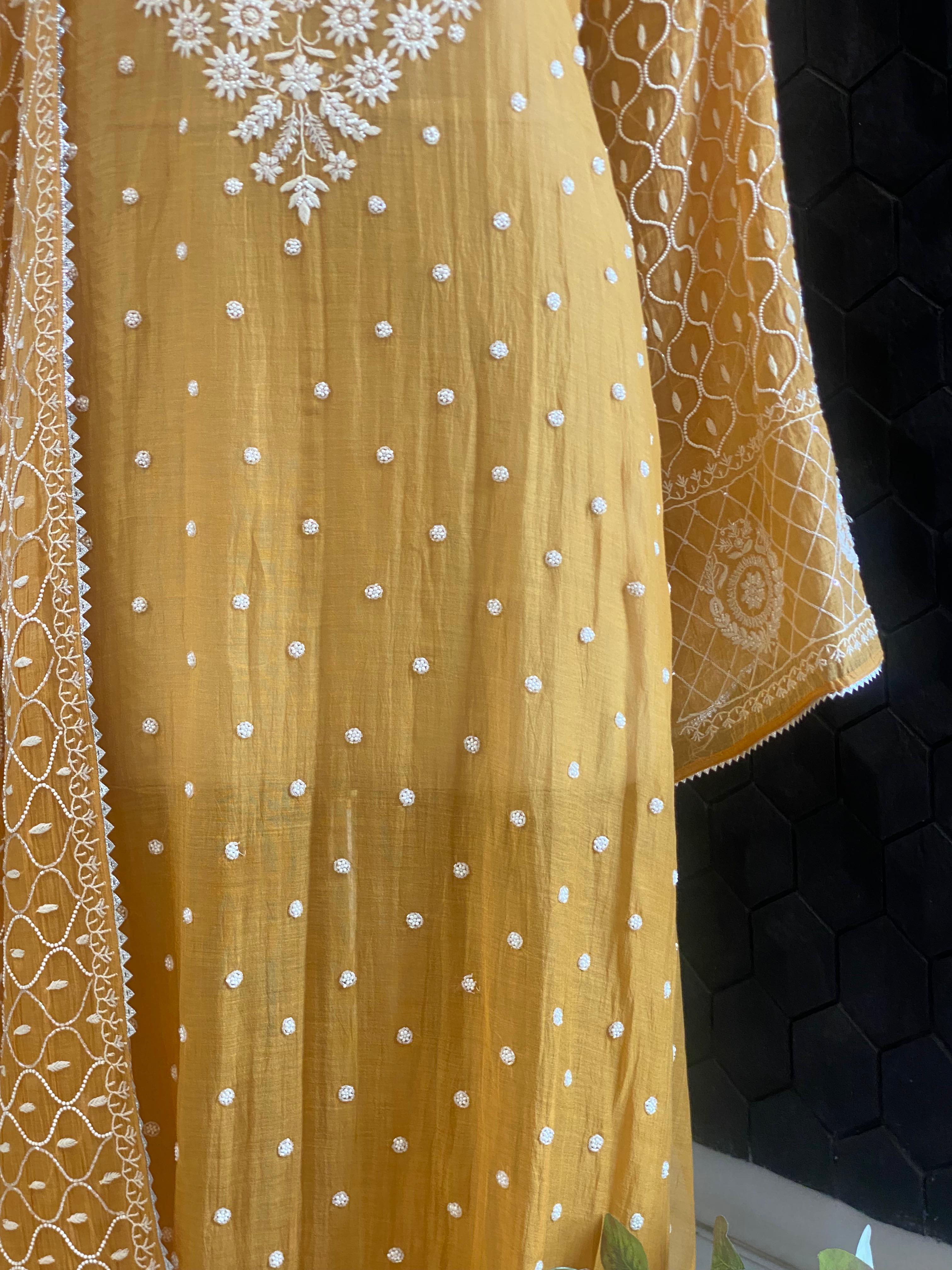 Mustard mul chanderi chikankari kurta set