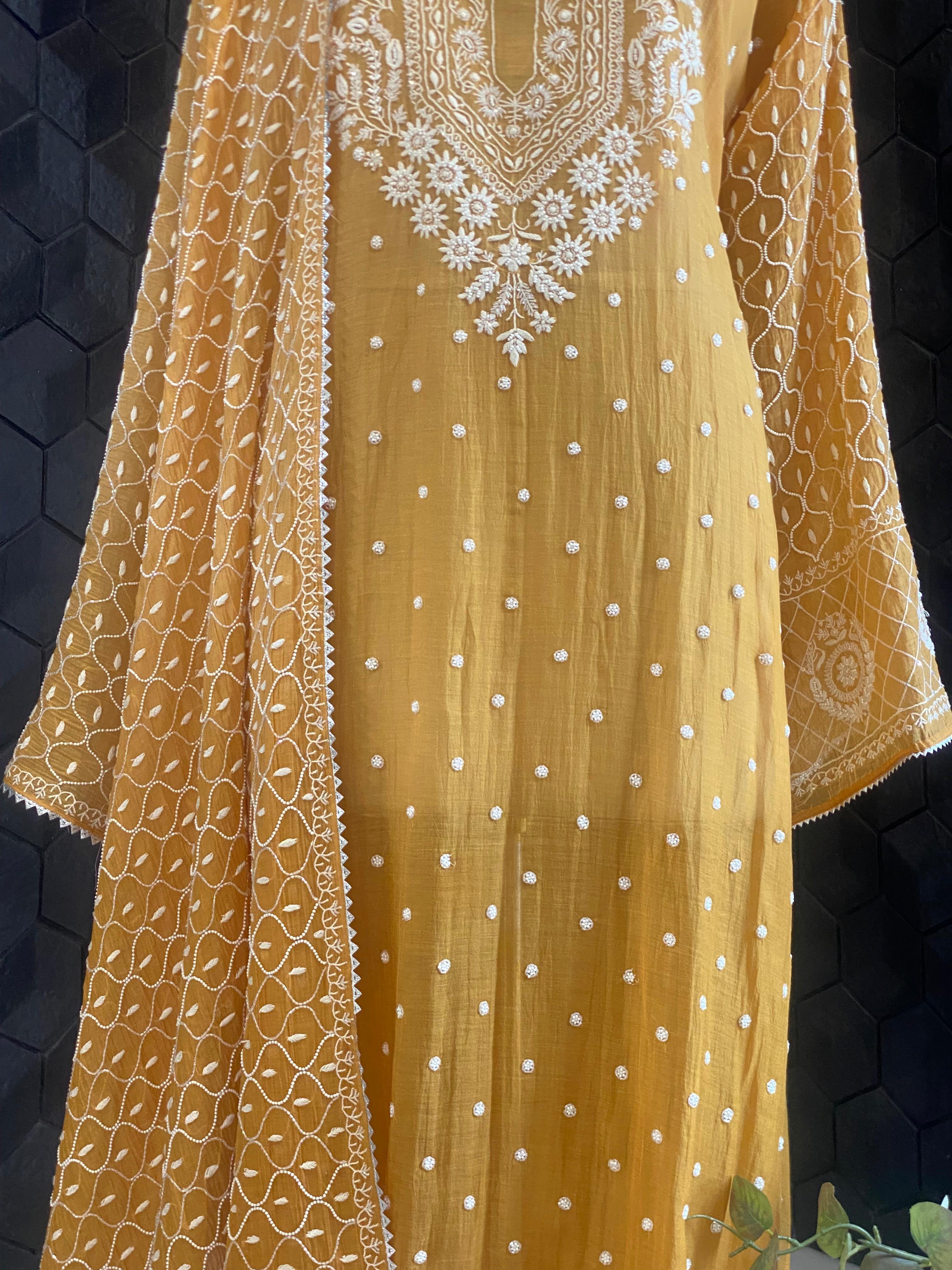 Mustard mul chanderi chikankari kurta set