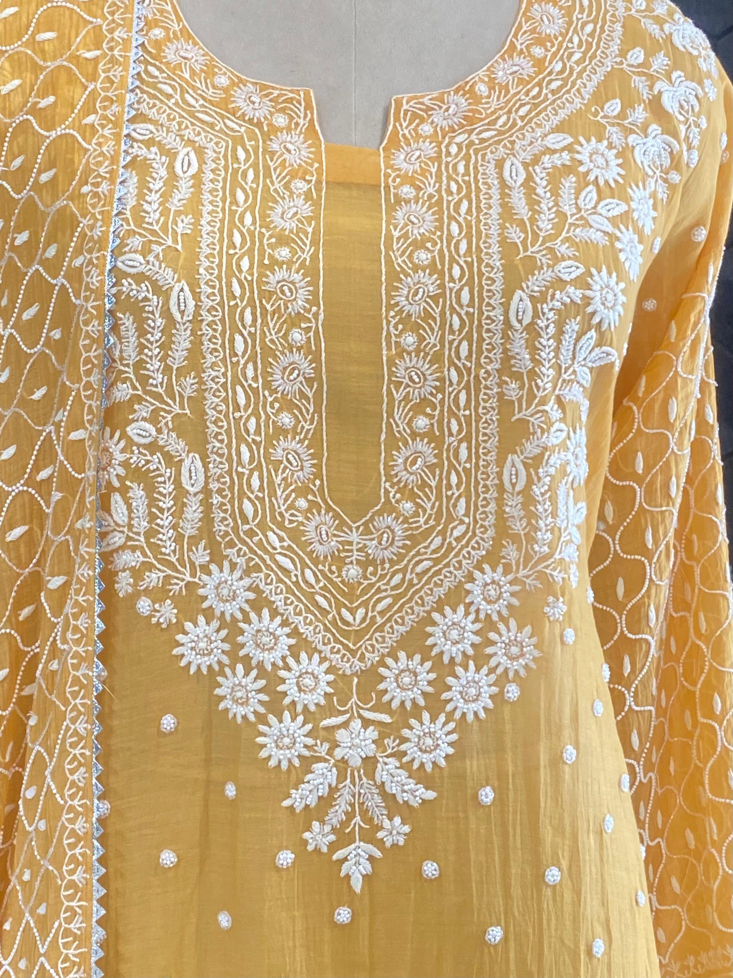 Mustard mul chanderi chikankari kurta set