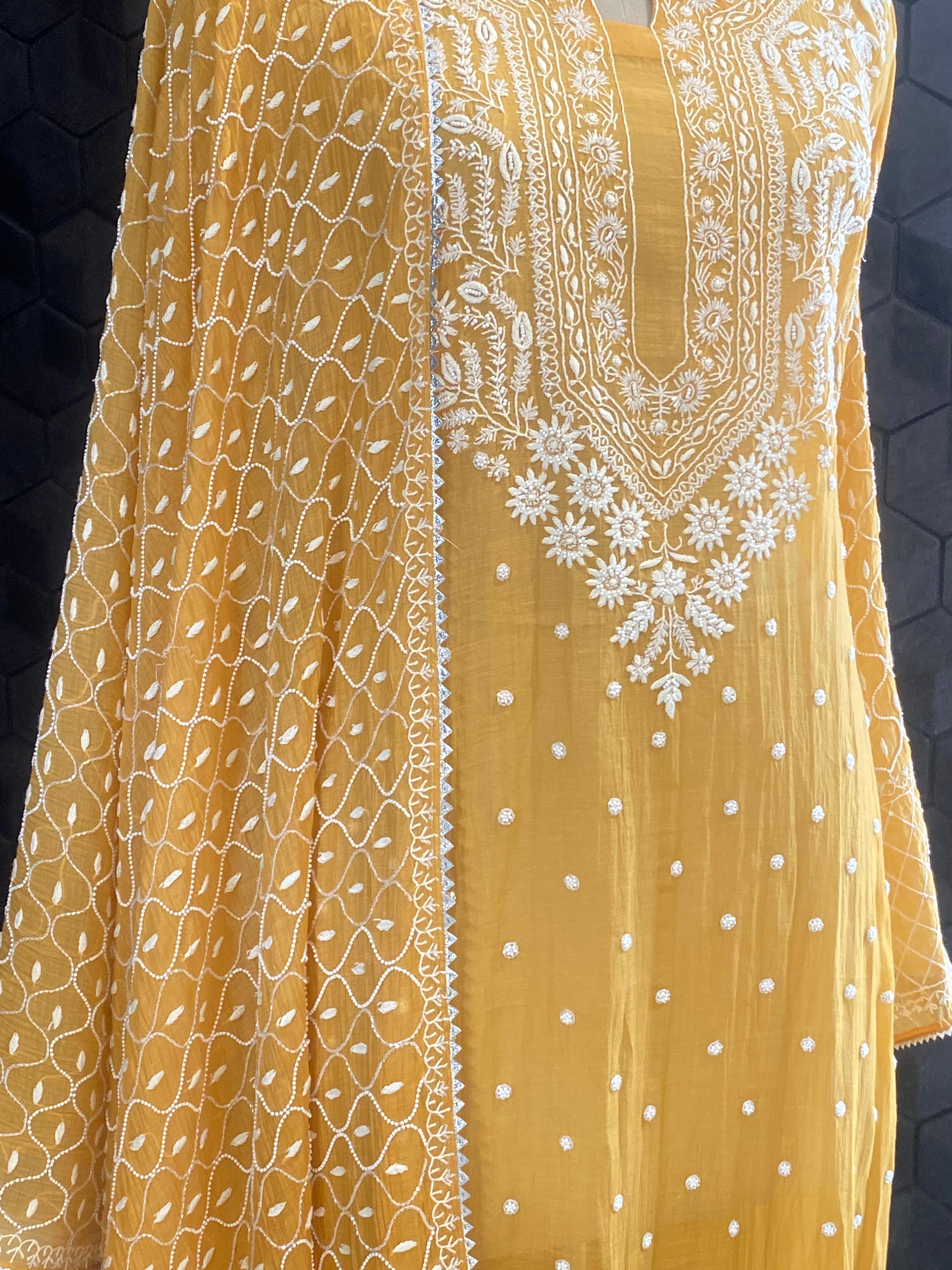Mustard mul chanderi chikankari kurta set