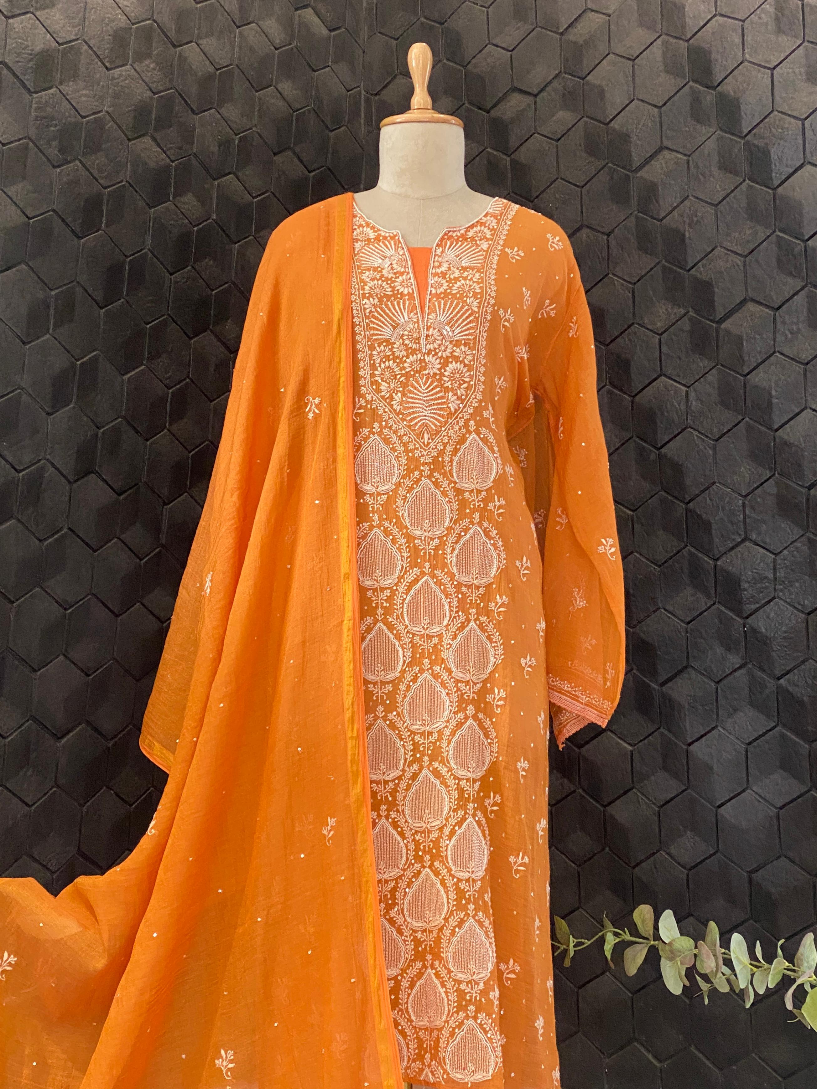 Orange Tissue Chikankari Kurta Set