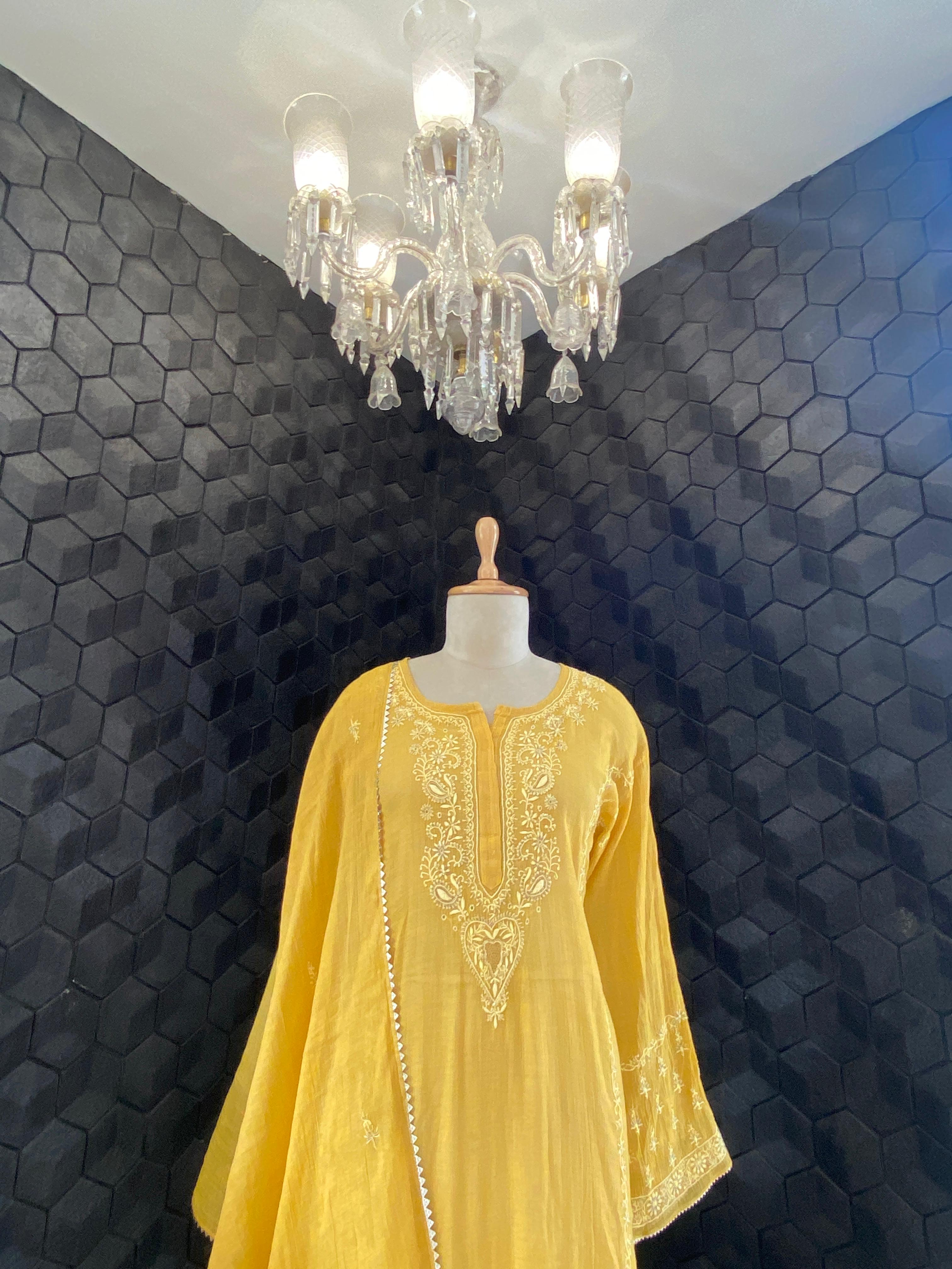 Mustard Tissue Chikankari Kurta Set