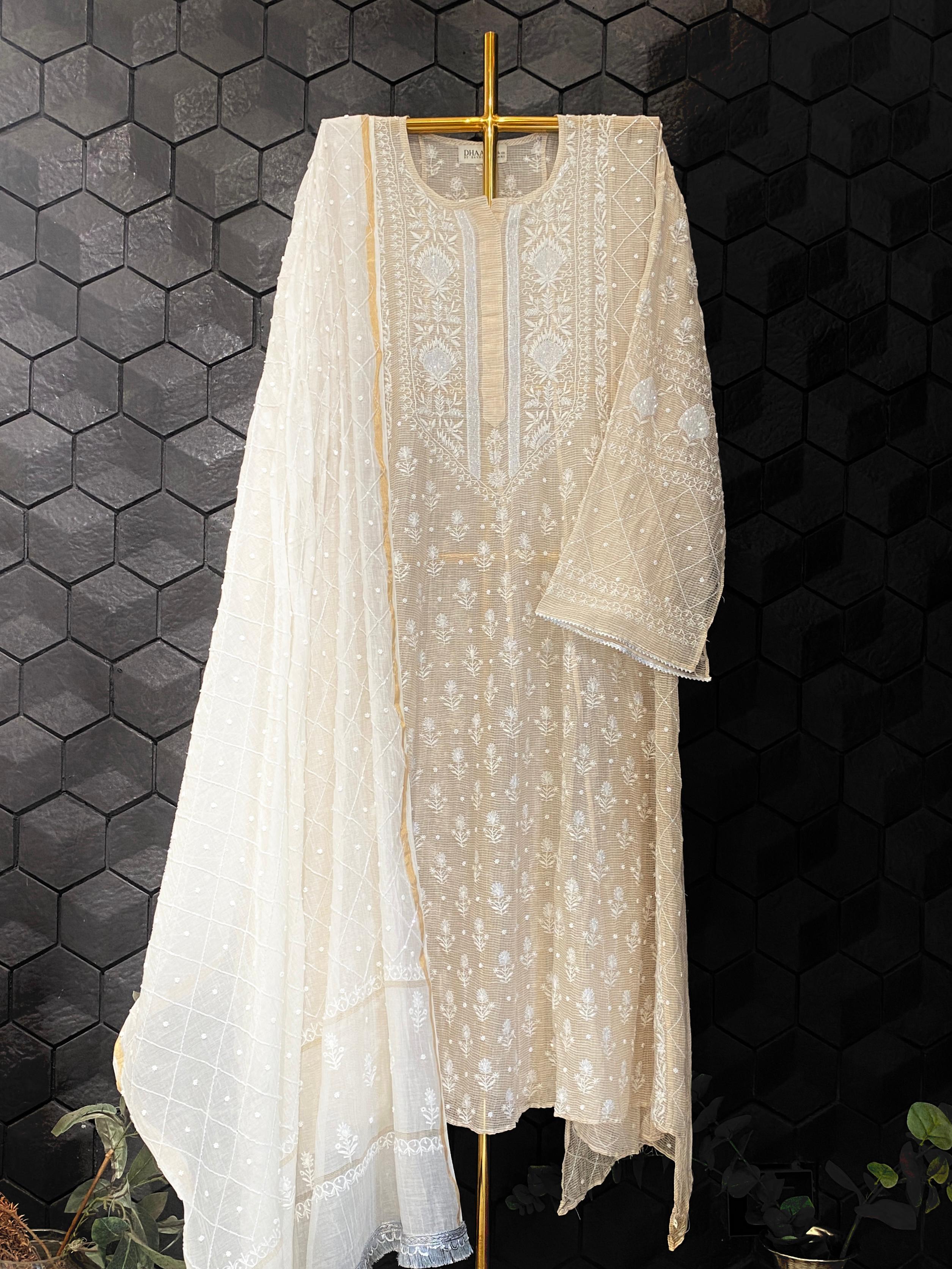 Natural stripe tissue chikankari Anarkali set