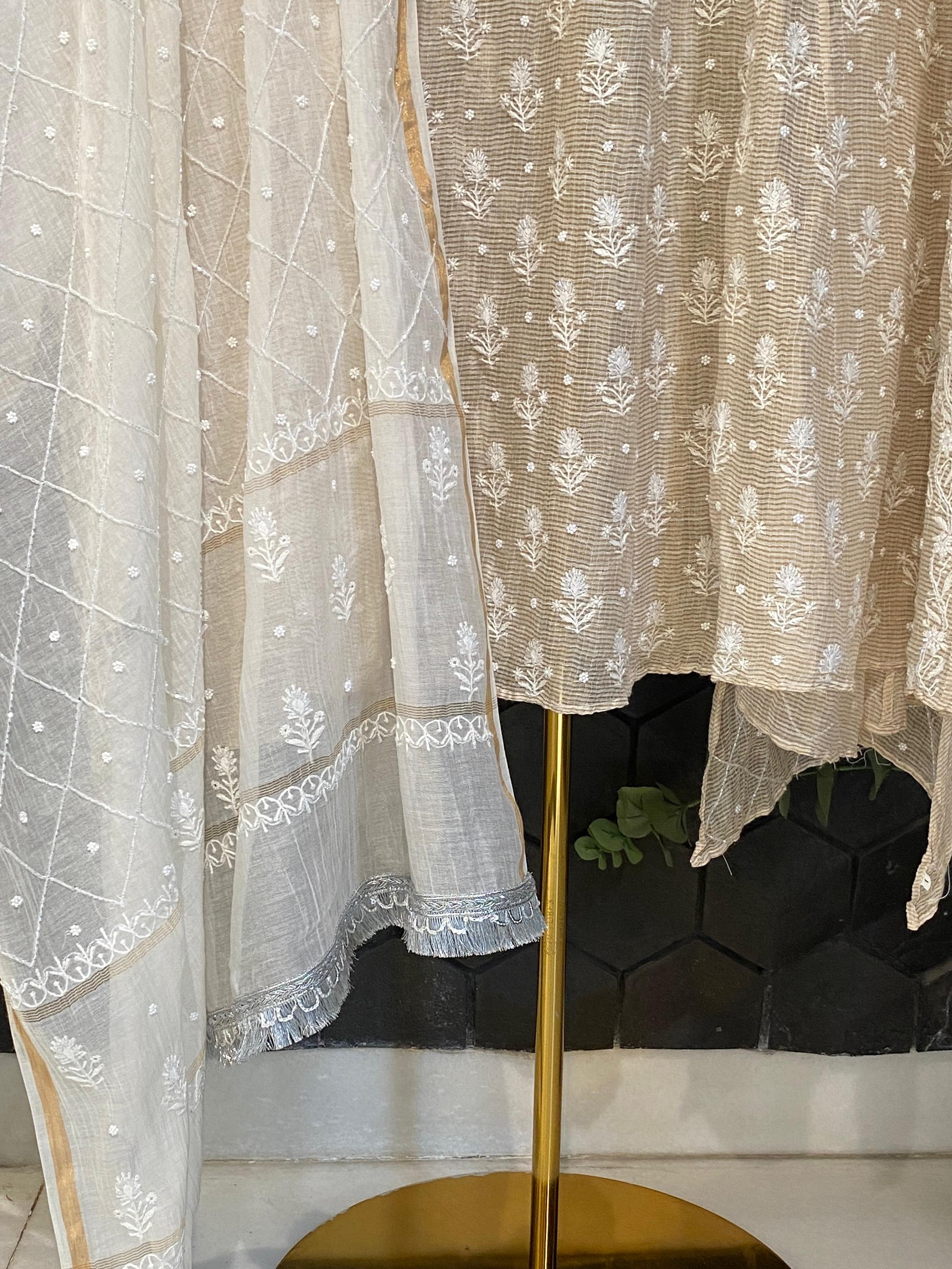 Natural stripe tissue chikankari Anarkali set