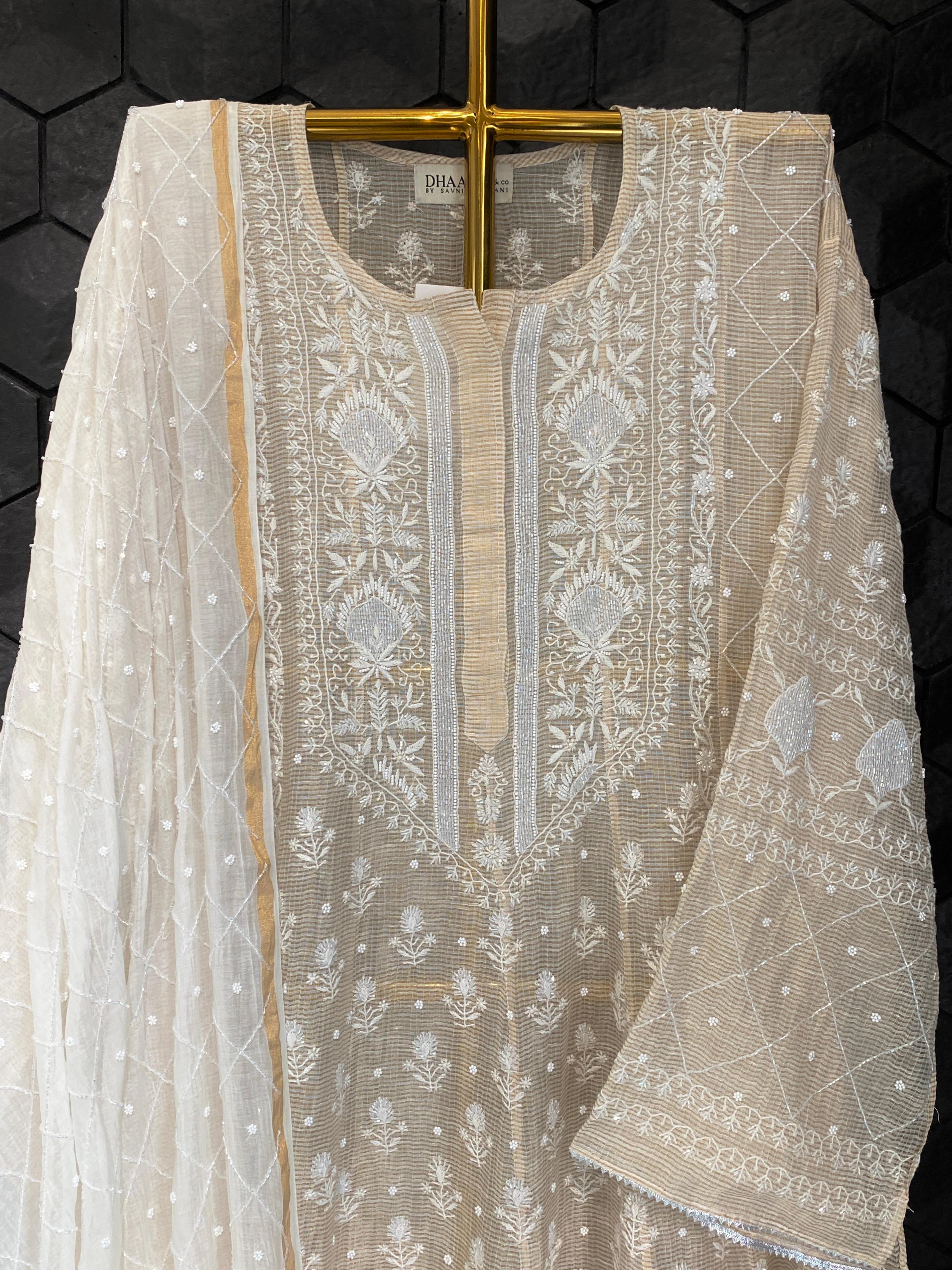 Natural stripe tissue chikankari Anarkali set