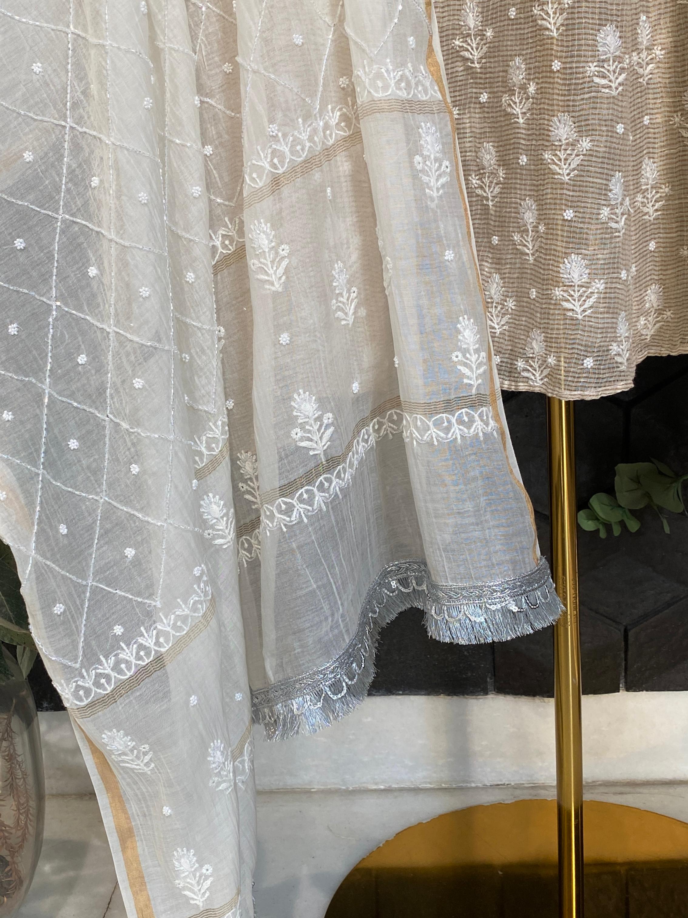 Natural stripe tissue chikankari Anarkali set