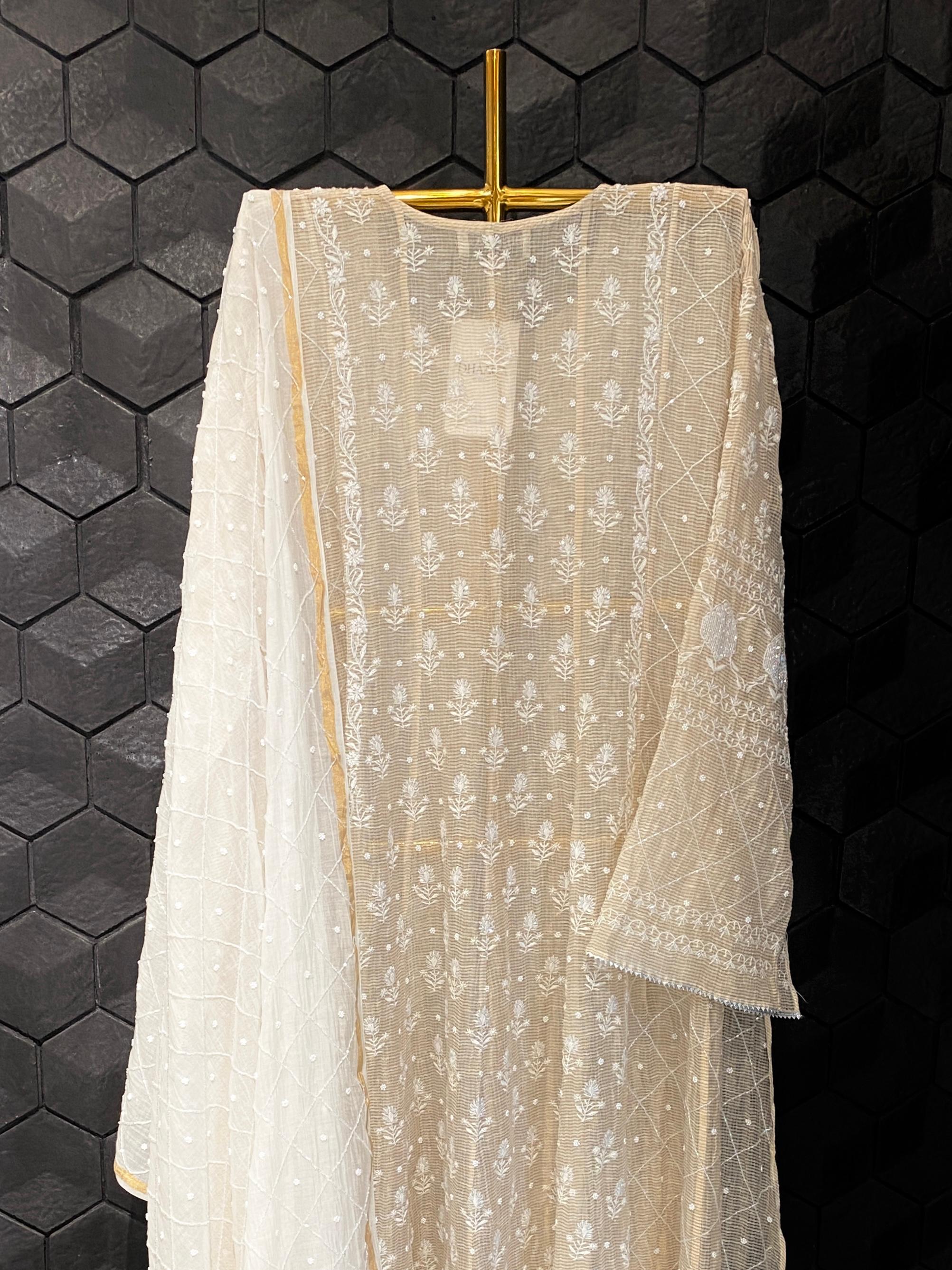 Natural stripe tissue chikankari Anarkali set