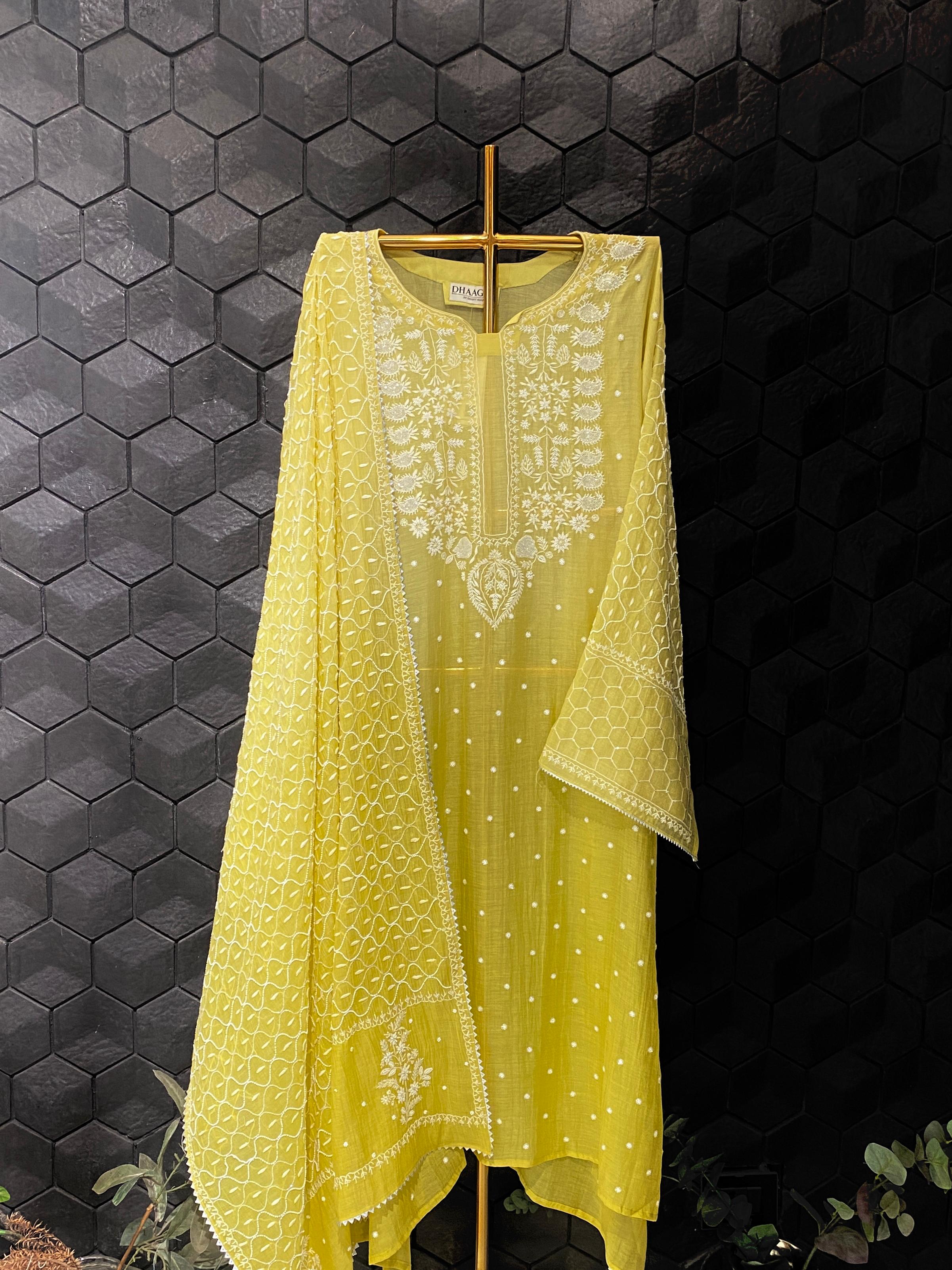Lime green mul chanderi chikankari kurta set
