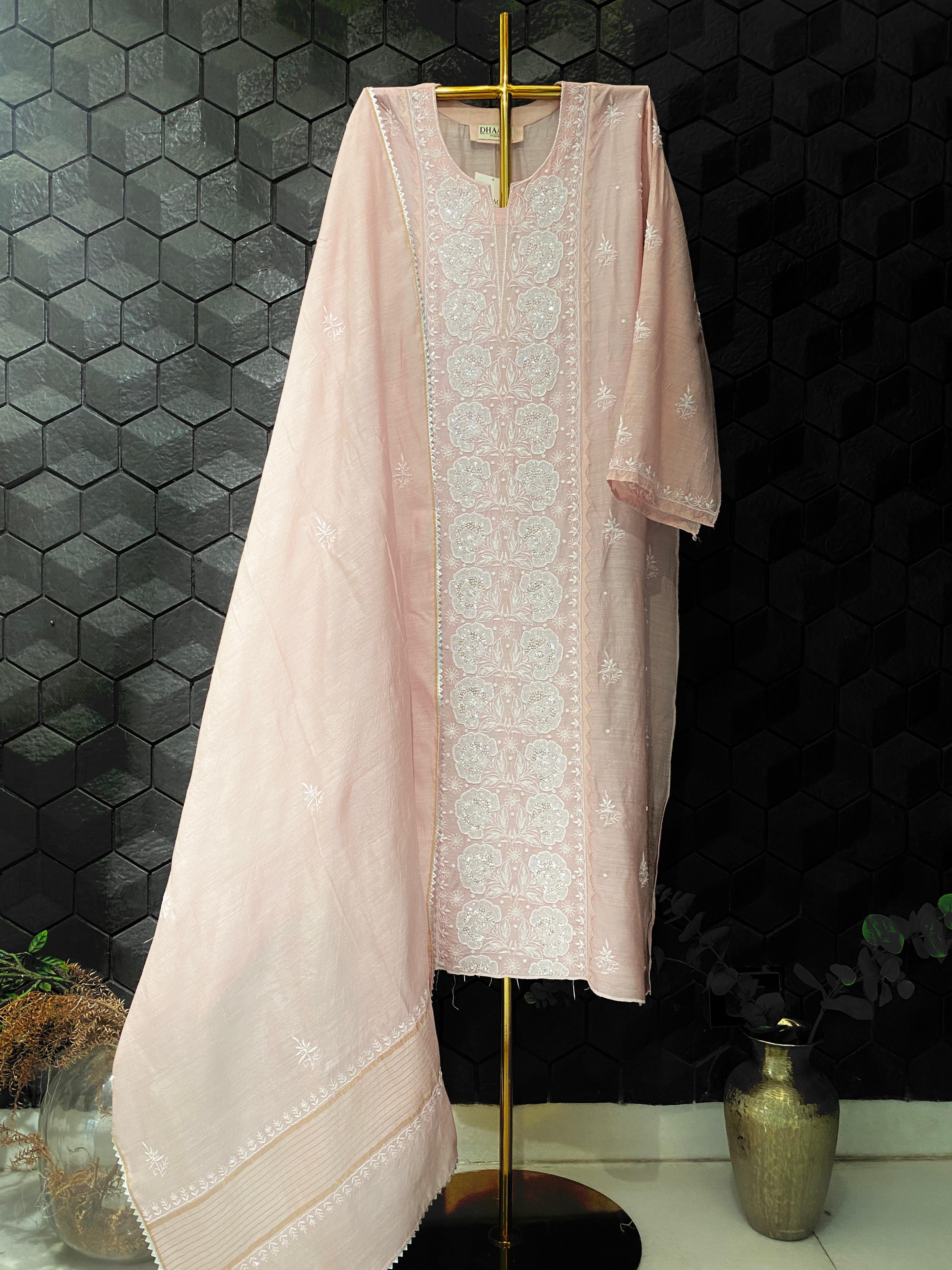 Pink Munga Silk chikankari kurta set