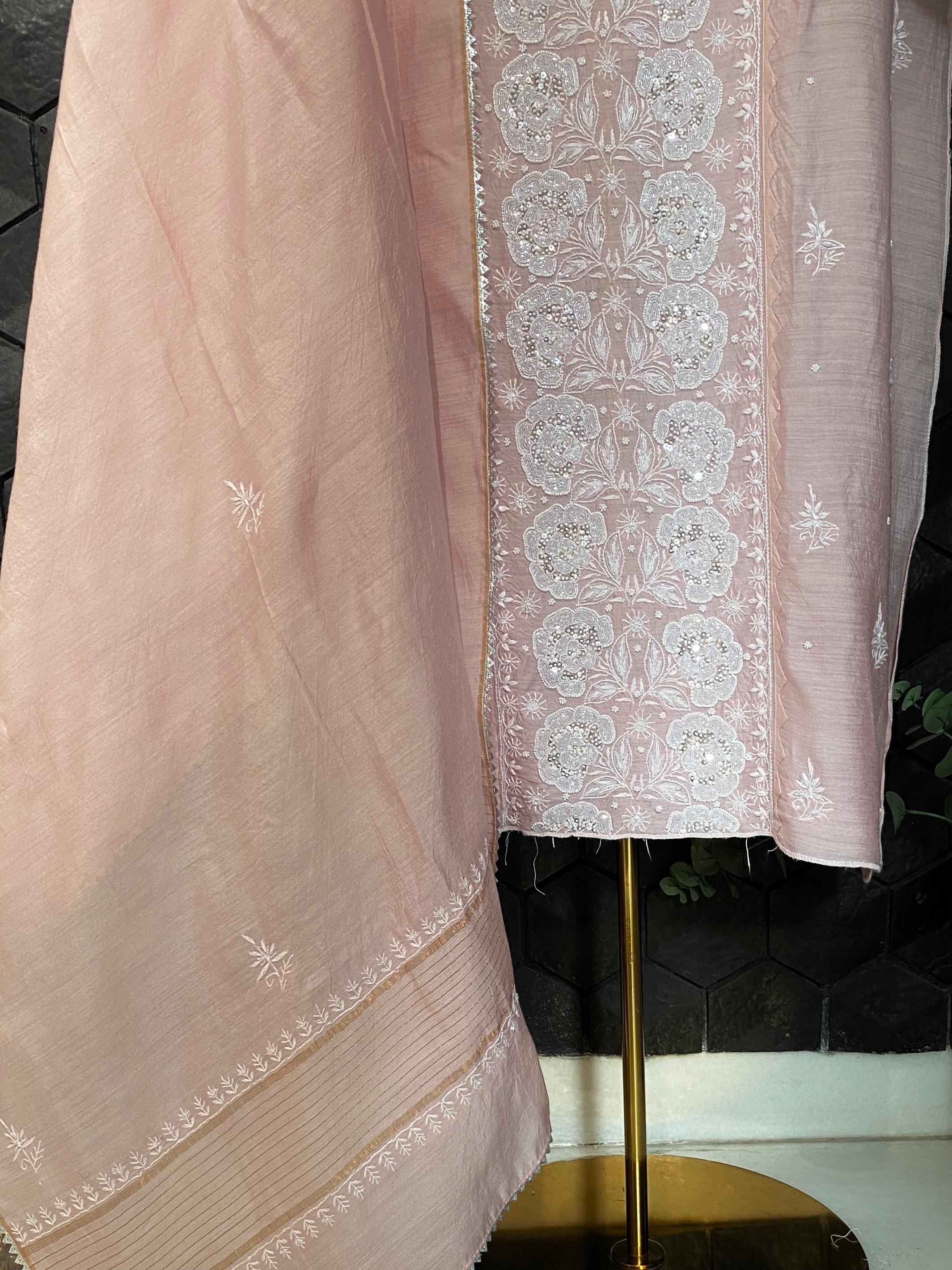 Pink Munga Silk chikankari kurta set