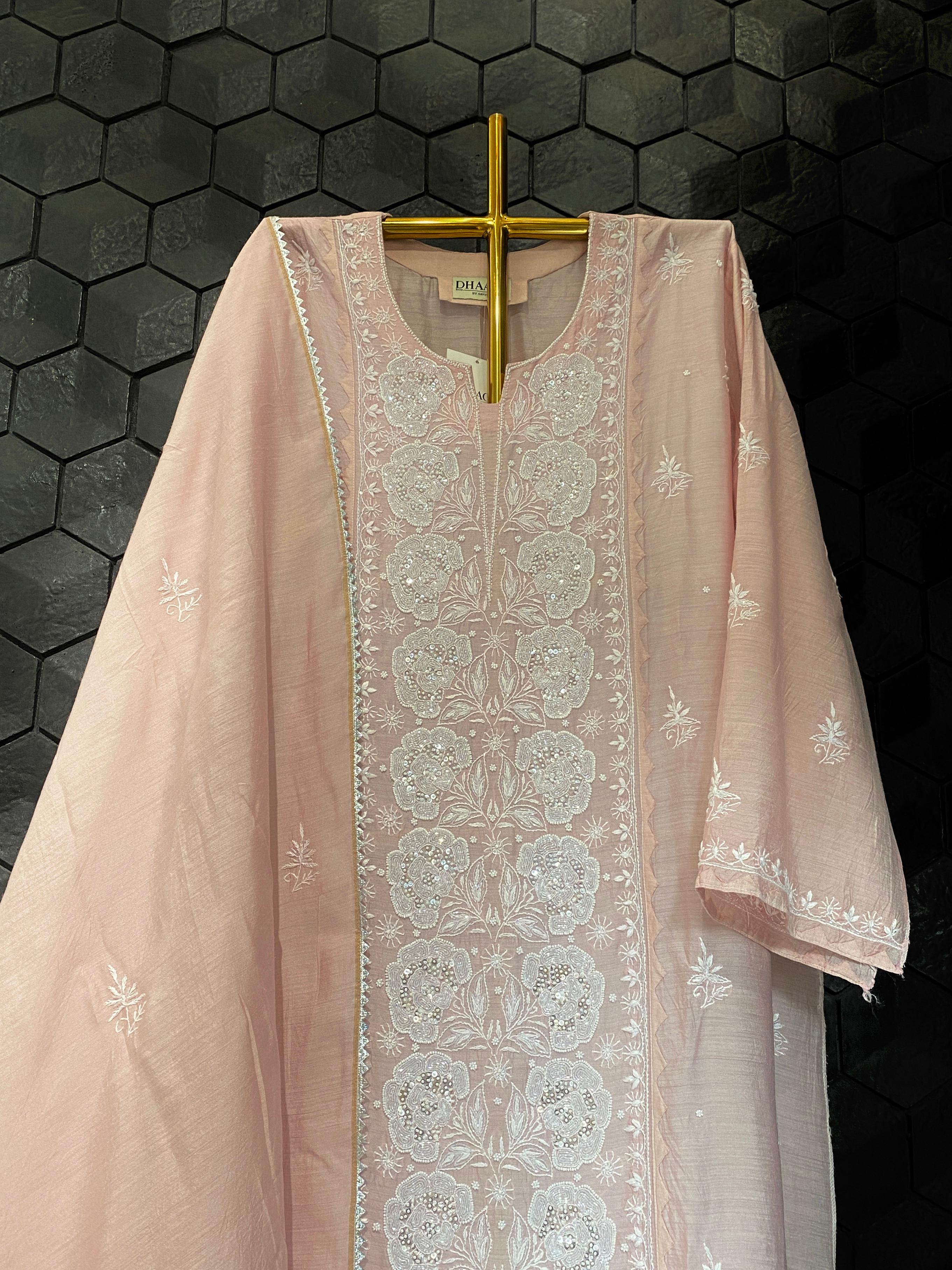 Pink Munga Silk chikankari kurta set