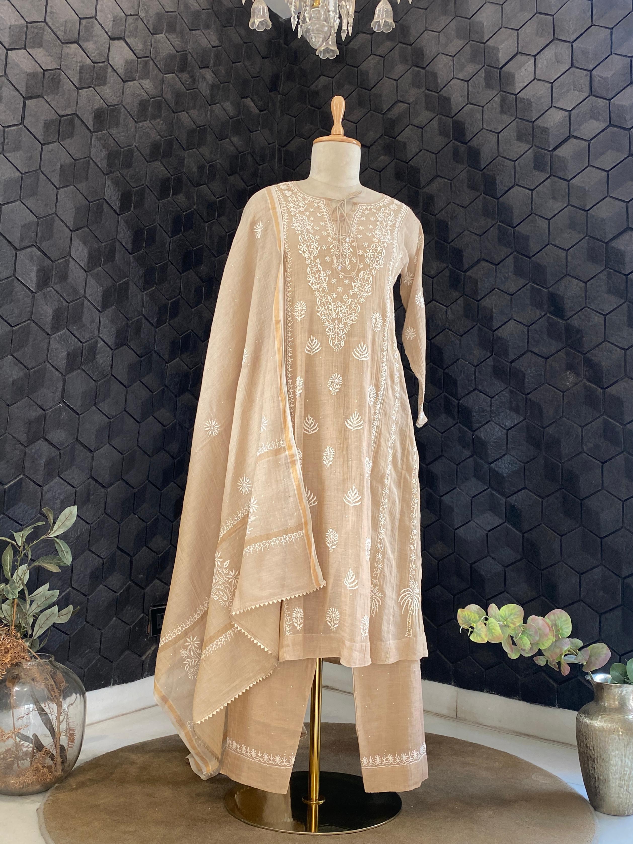 Brown tissue chikankari kurta Set
