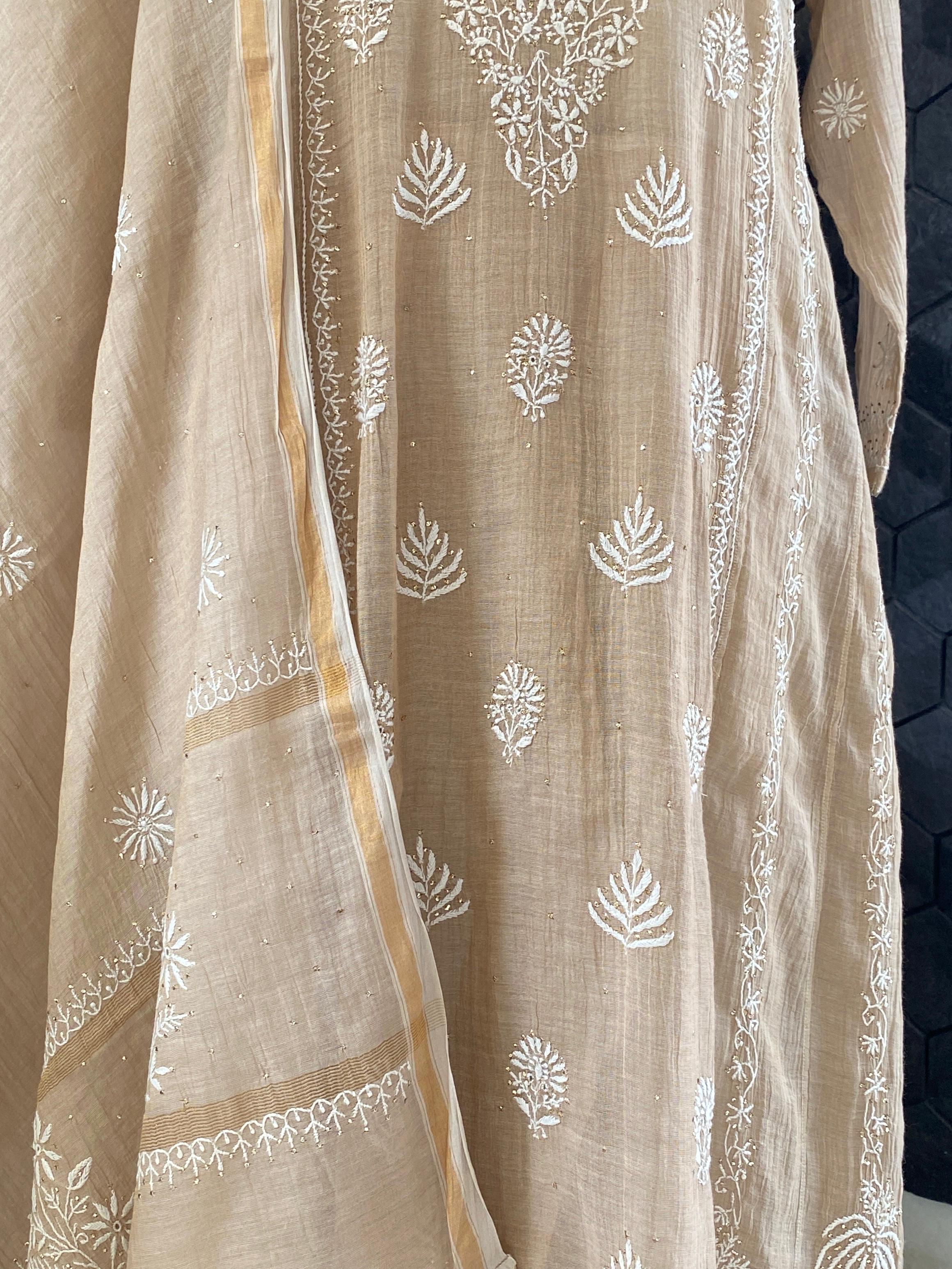 Brown tissue chikankari kurta Set