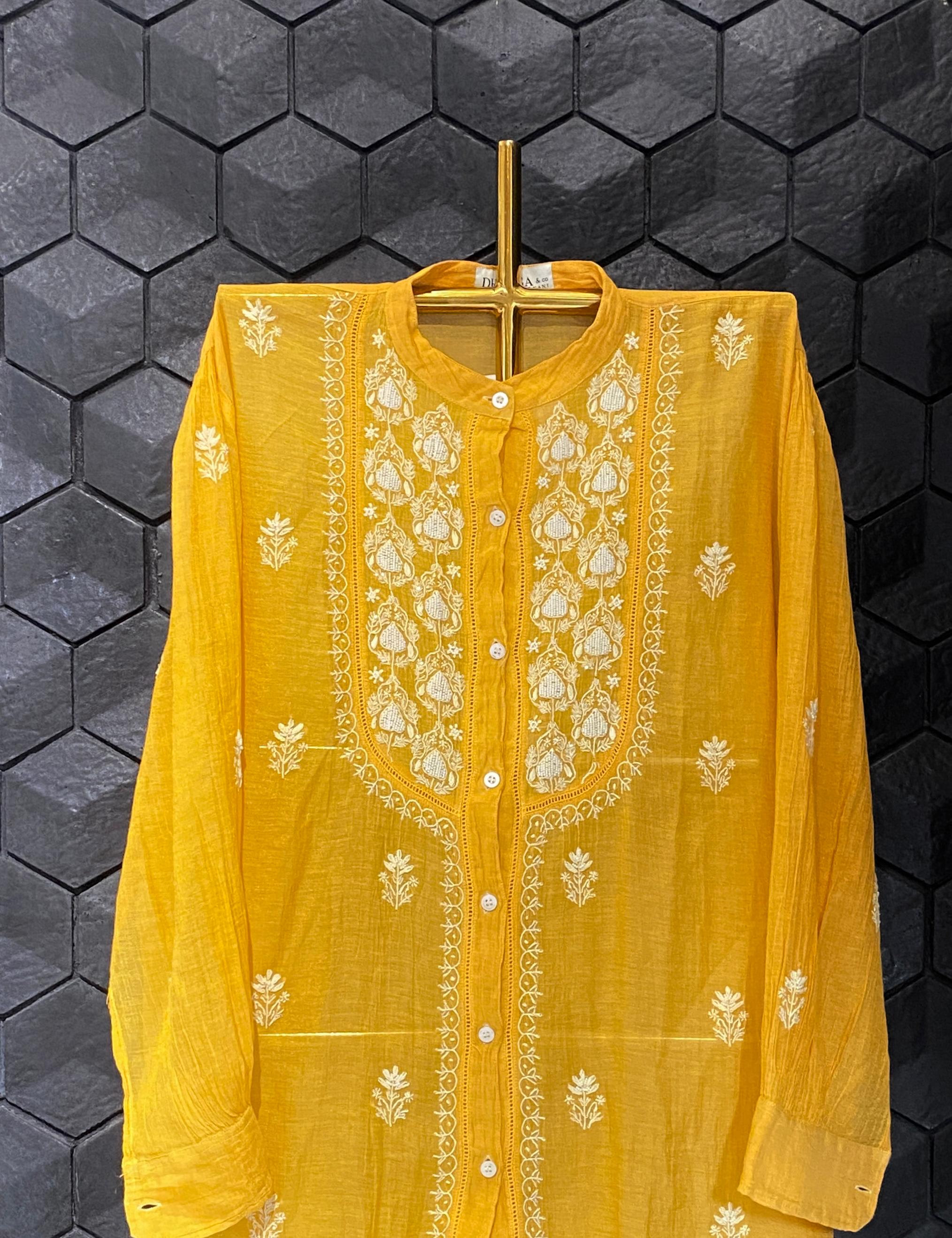 Mustard tissue chikankari co-ord set