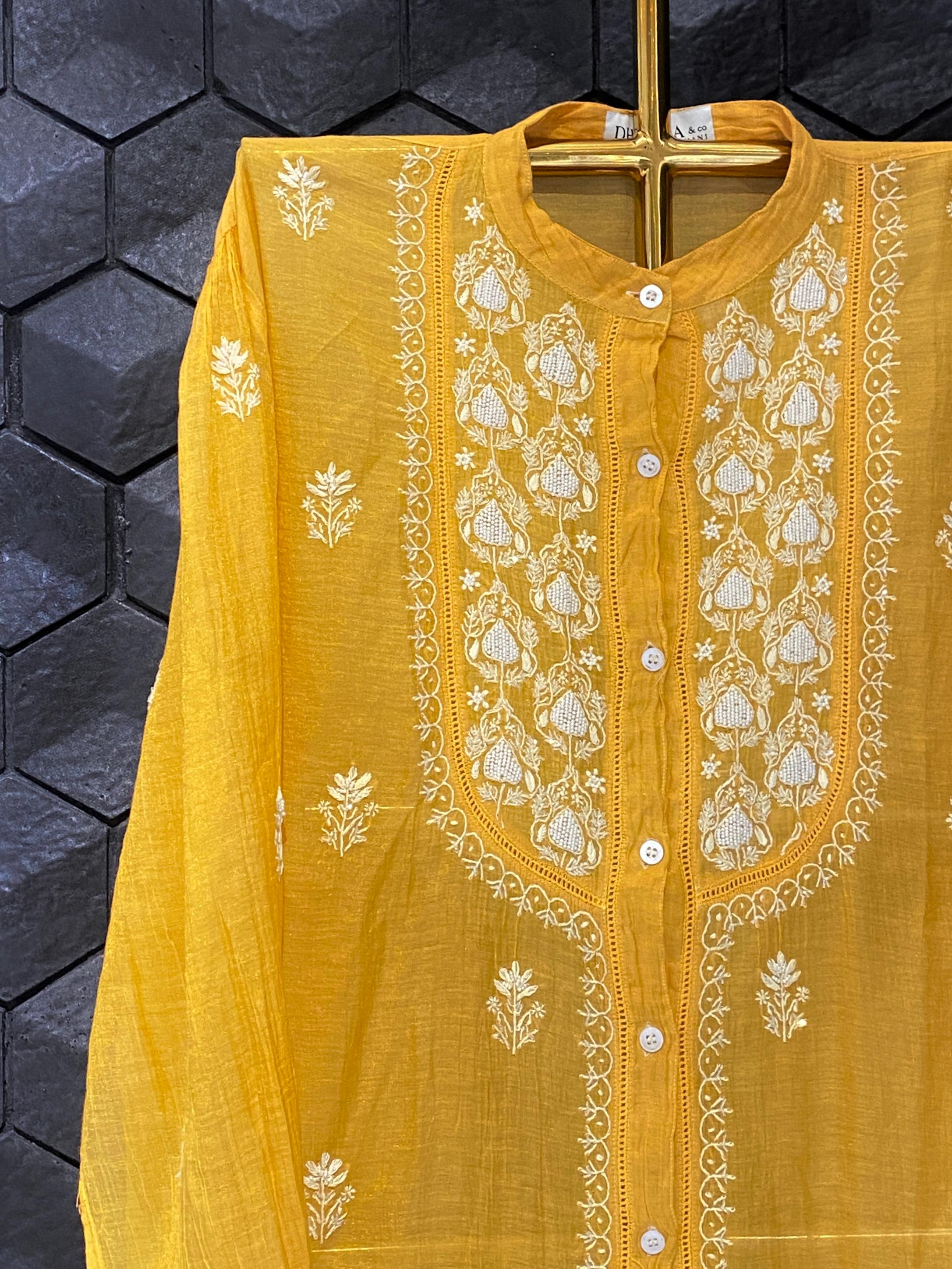 Mustard tissue chikankari co-ord set