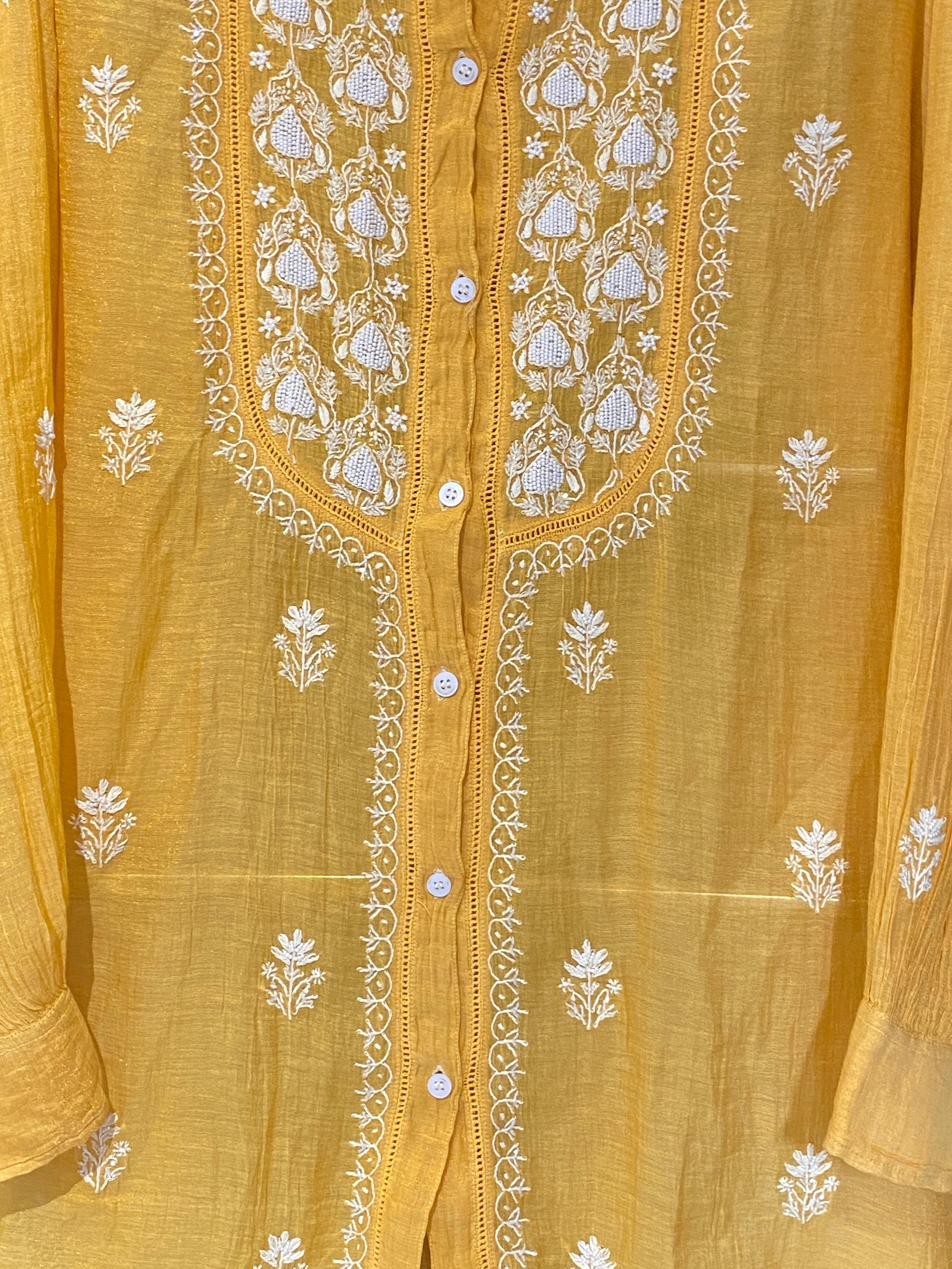 Mustard tissue chikankari co-ord set
