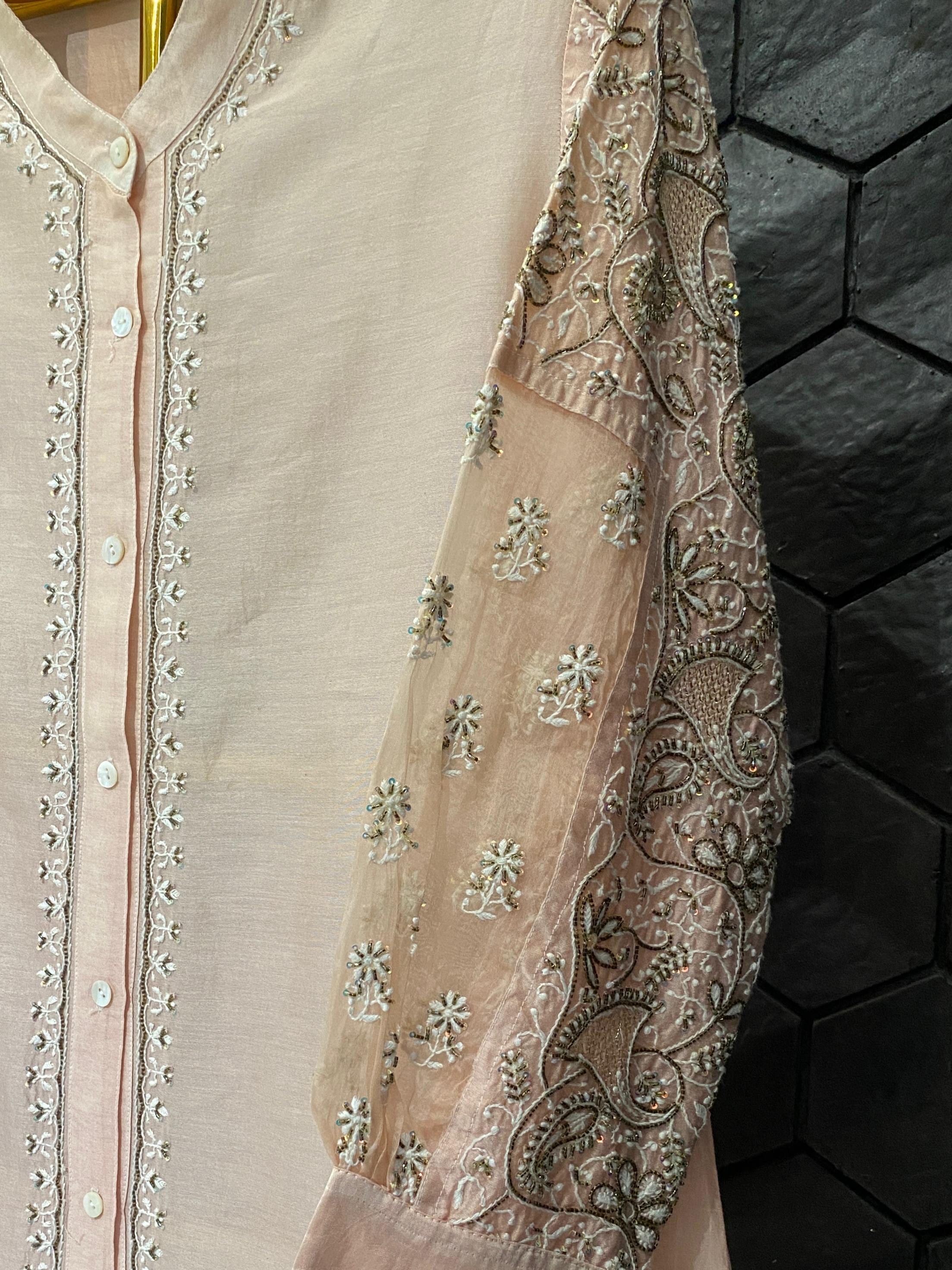 Peach chanderi chikankari long shirt