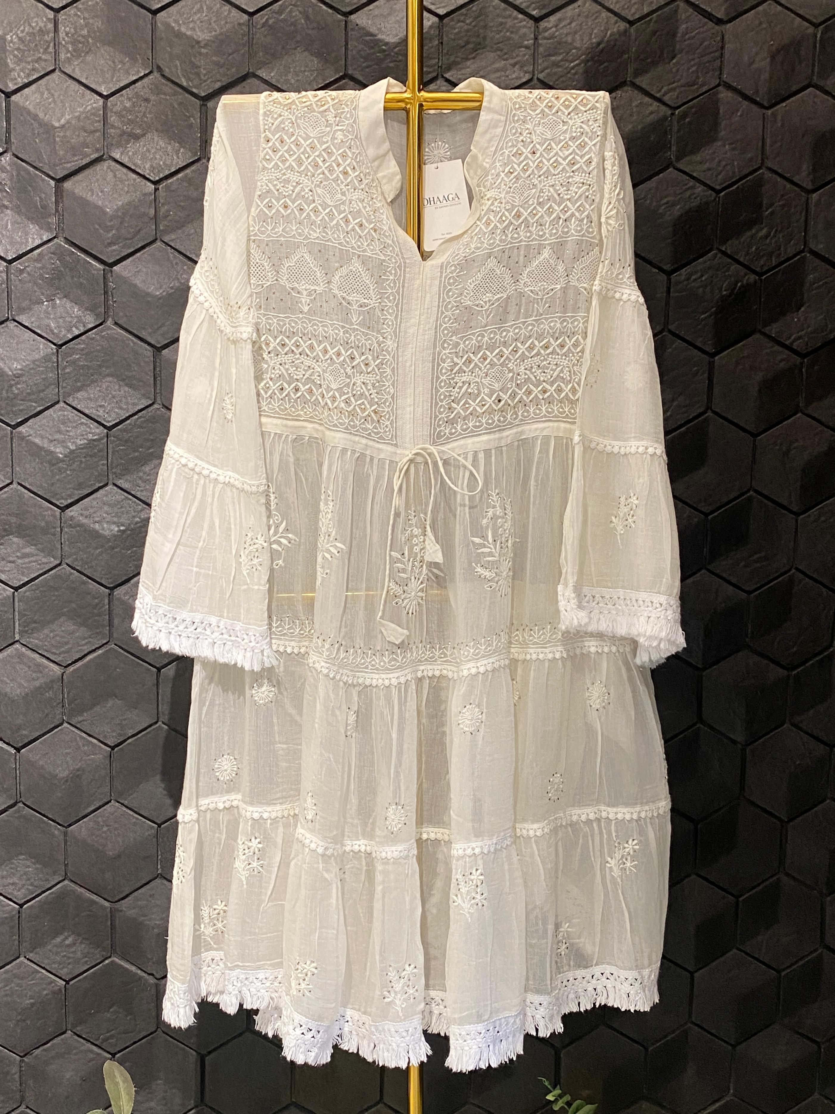 White mul chanderi chikankari dress