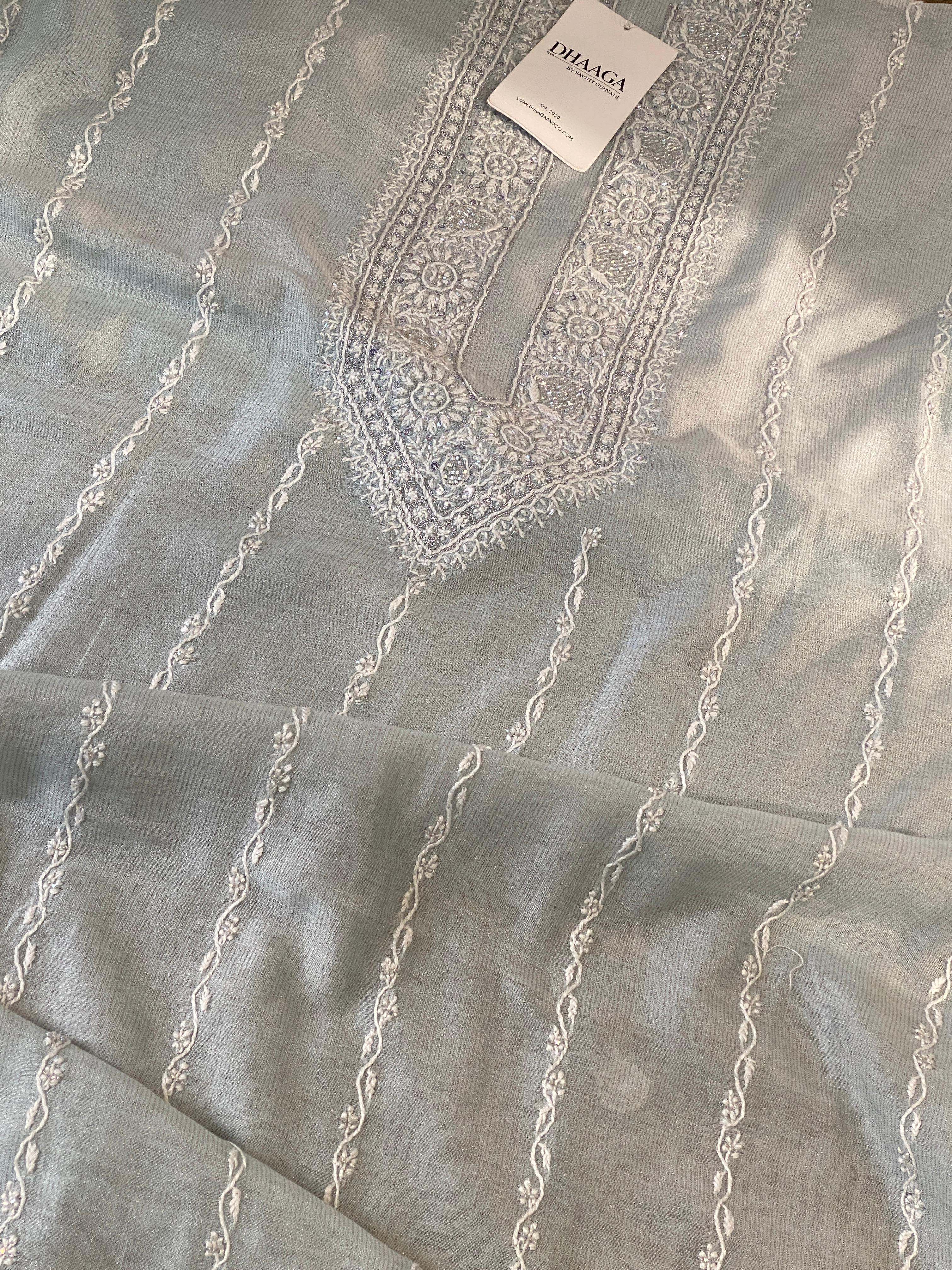 Sky blue tissue chikankari men kurta