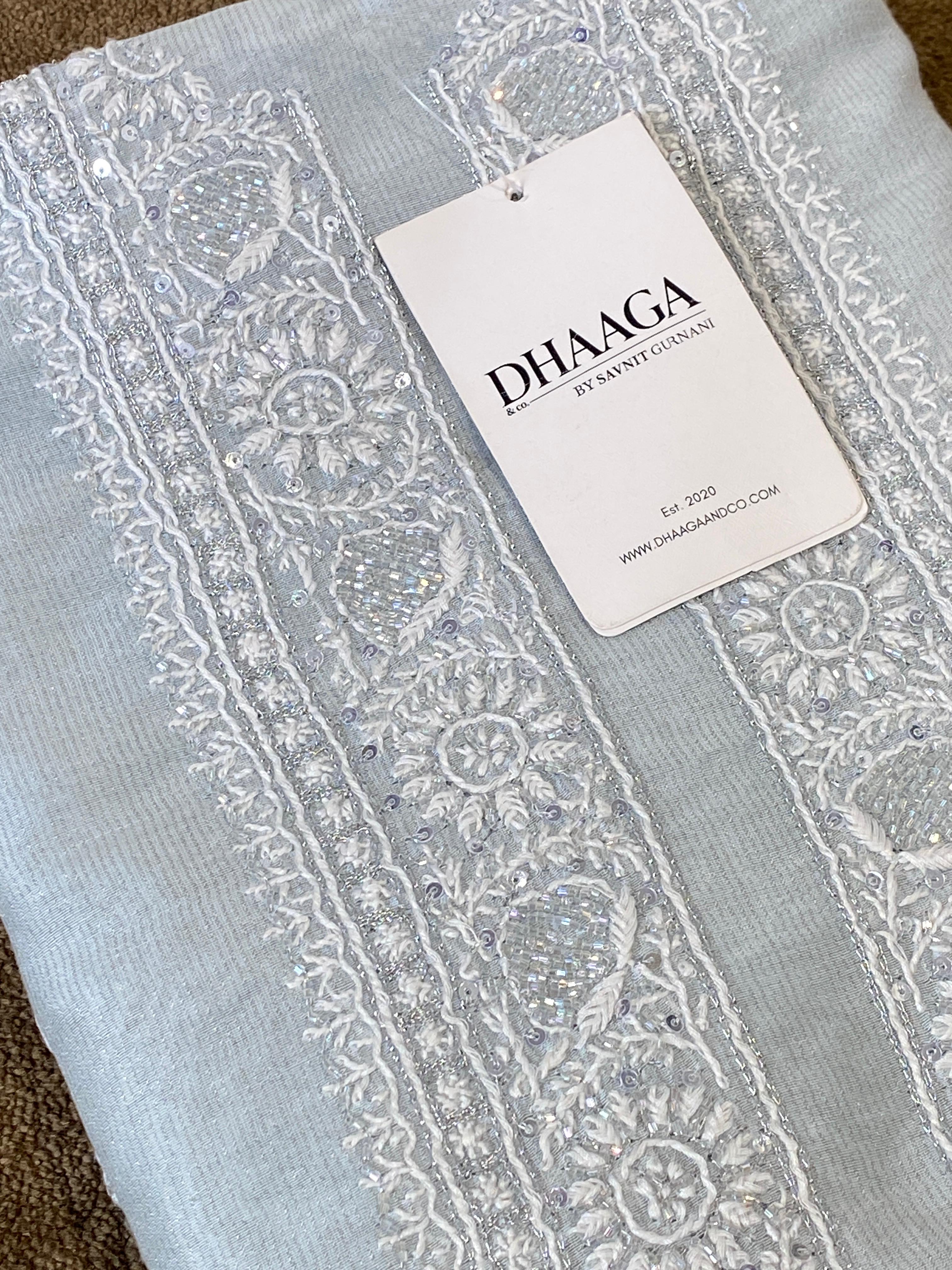 Sky blue tissue chikankari men kurta