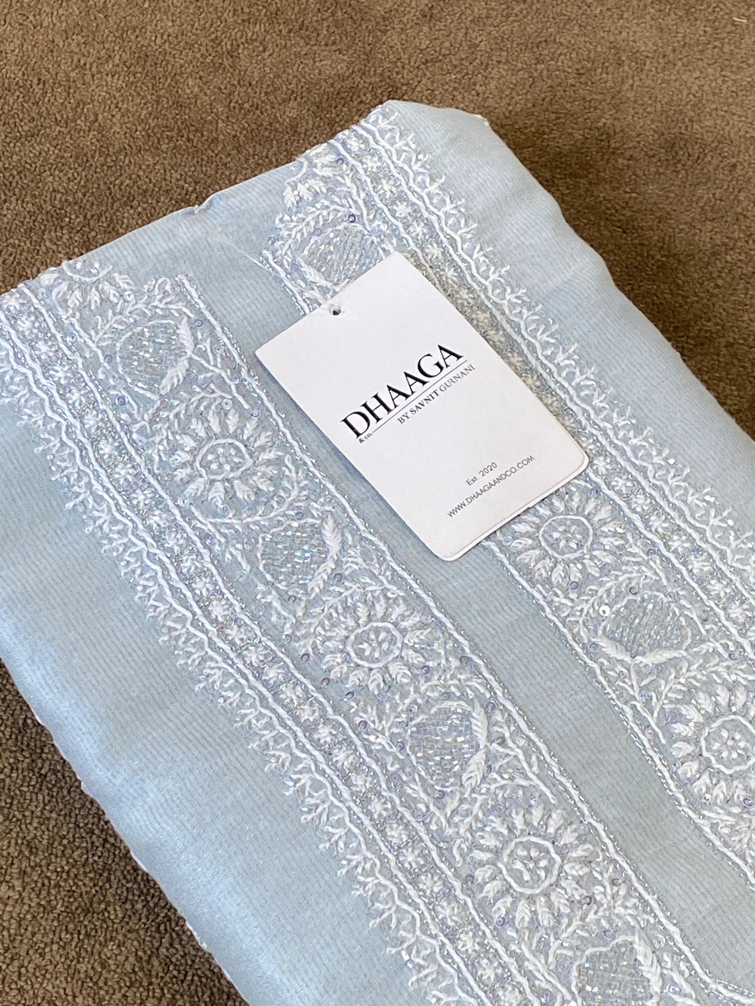 Sky blue tissue chikankari men kurta