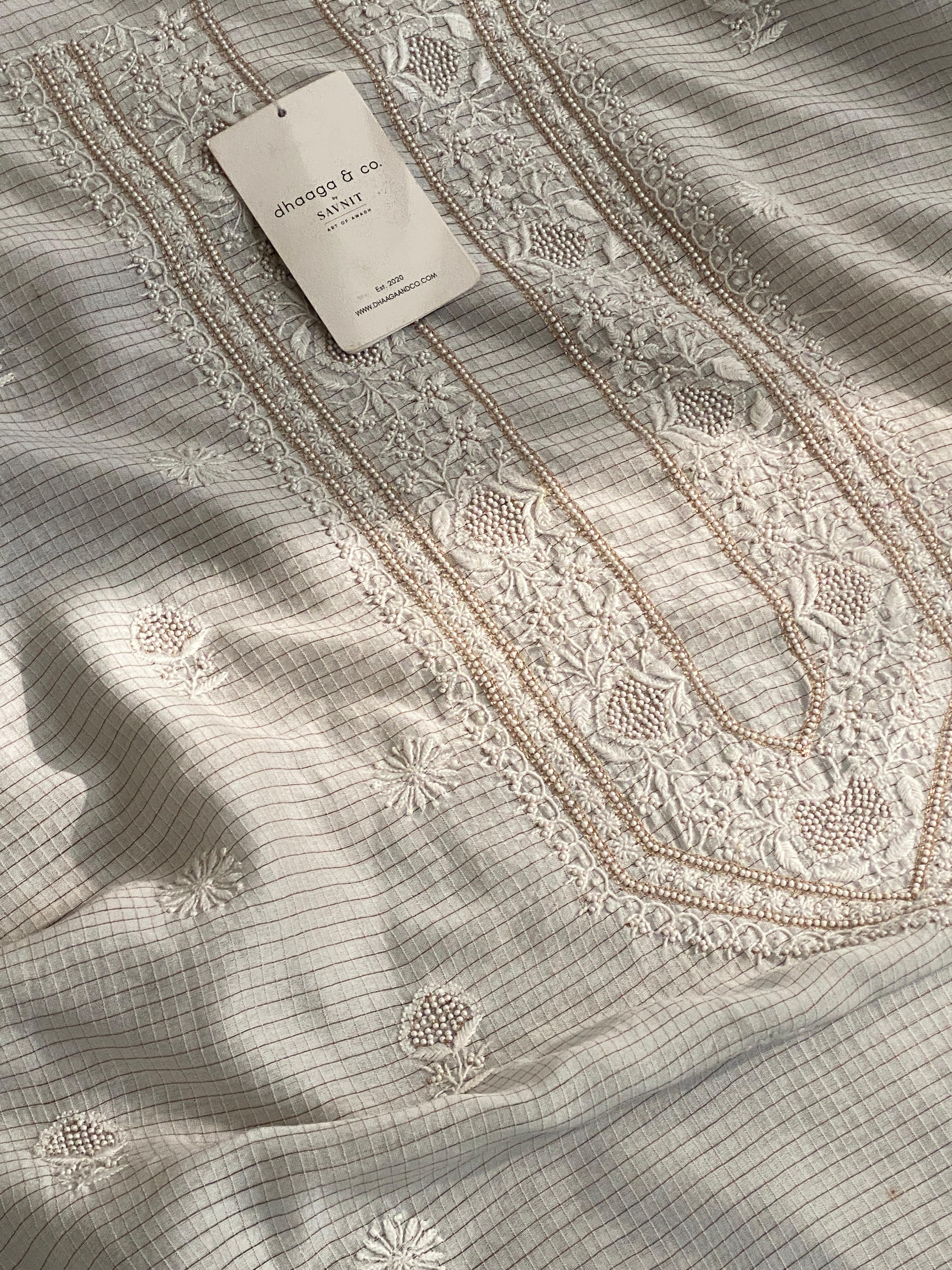 White CHANDERI ZARI CHECKS MENS KURTA