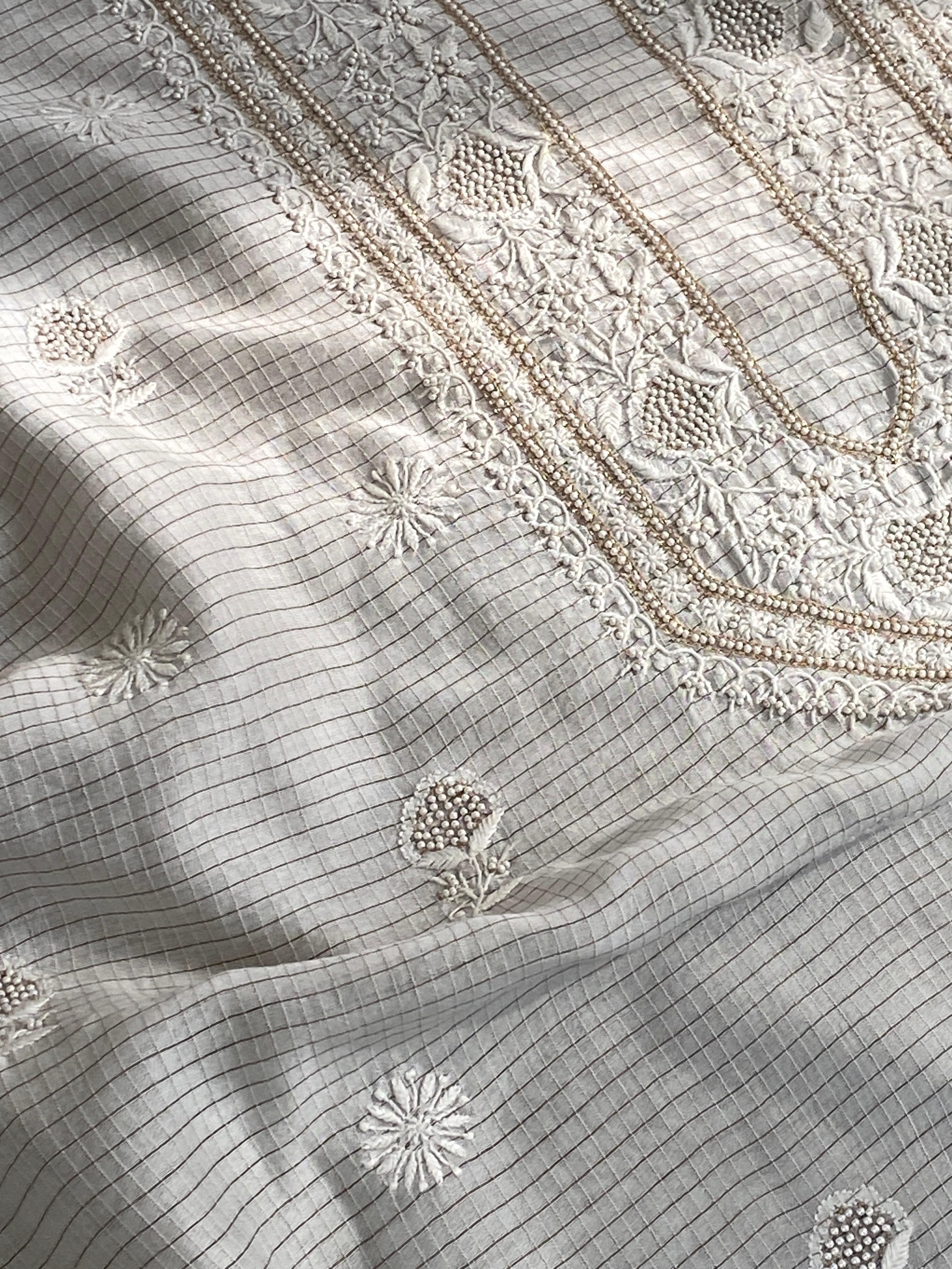 White CHANDERI ZARI CHECKS MENS KURTA