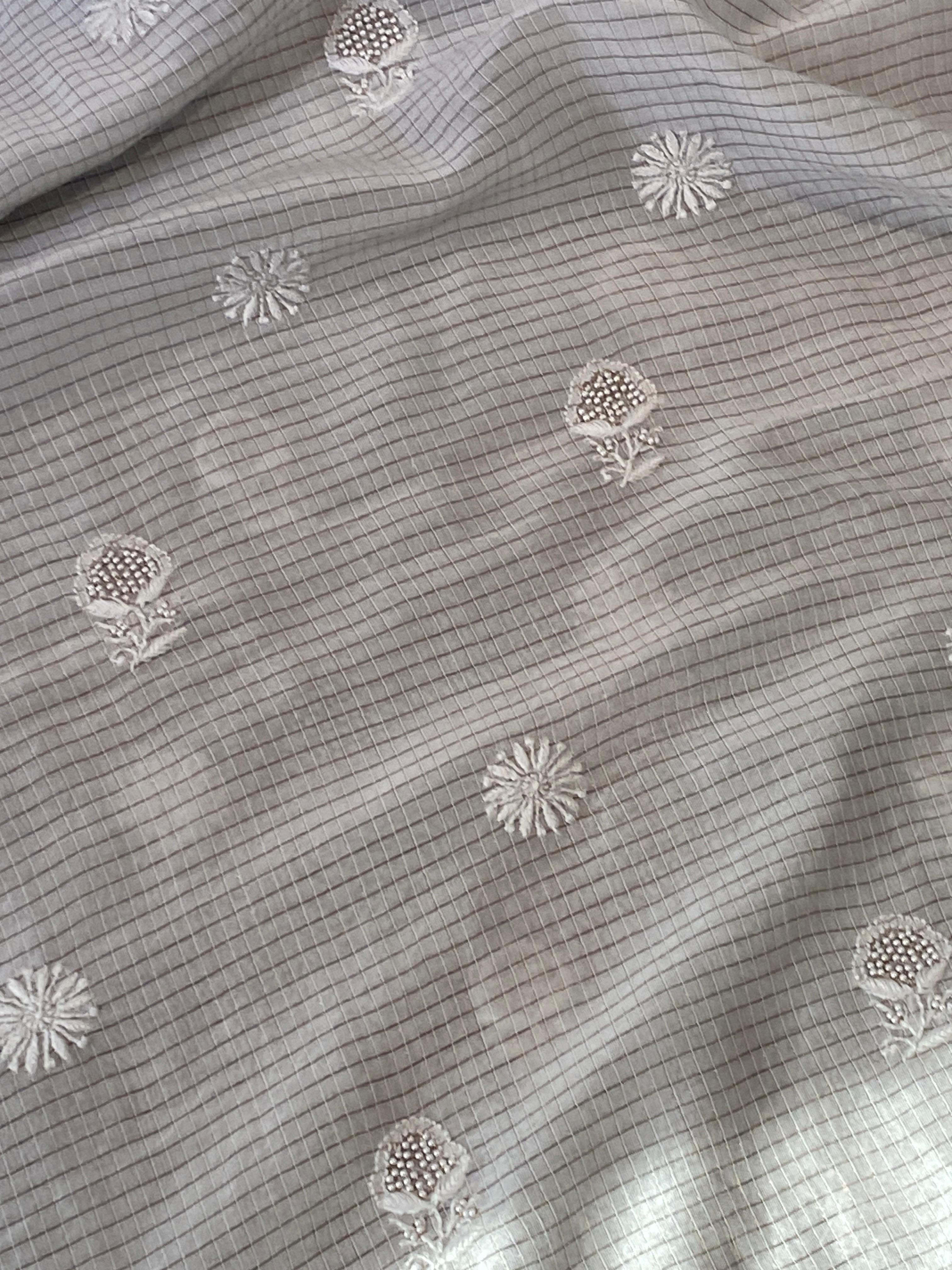 White CHANDERI ZARI CHECKS MENS KURTA