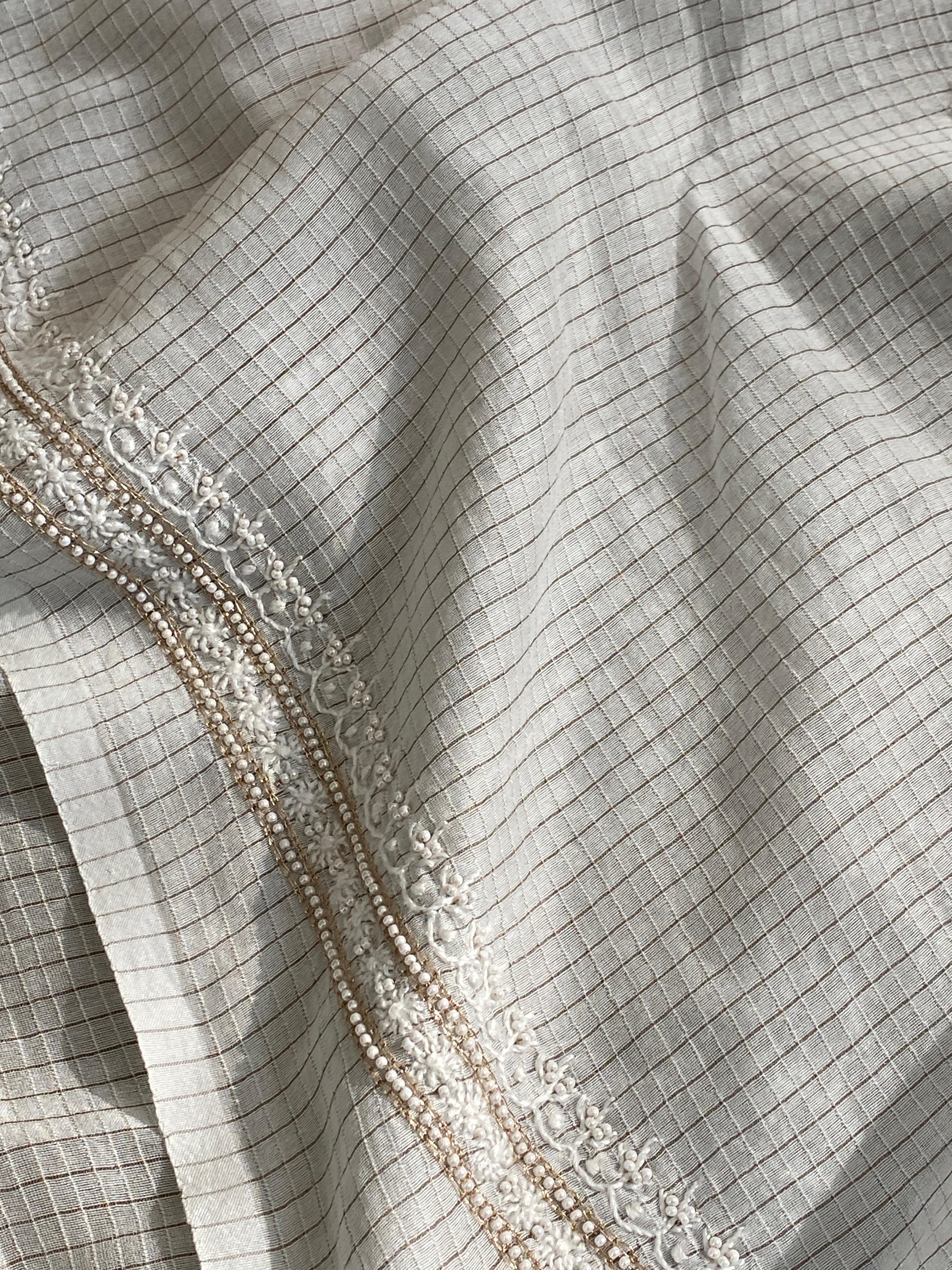 White CHANDERI ZARI CHECKS MENS KURTA