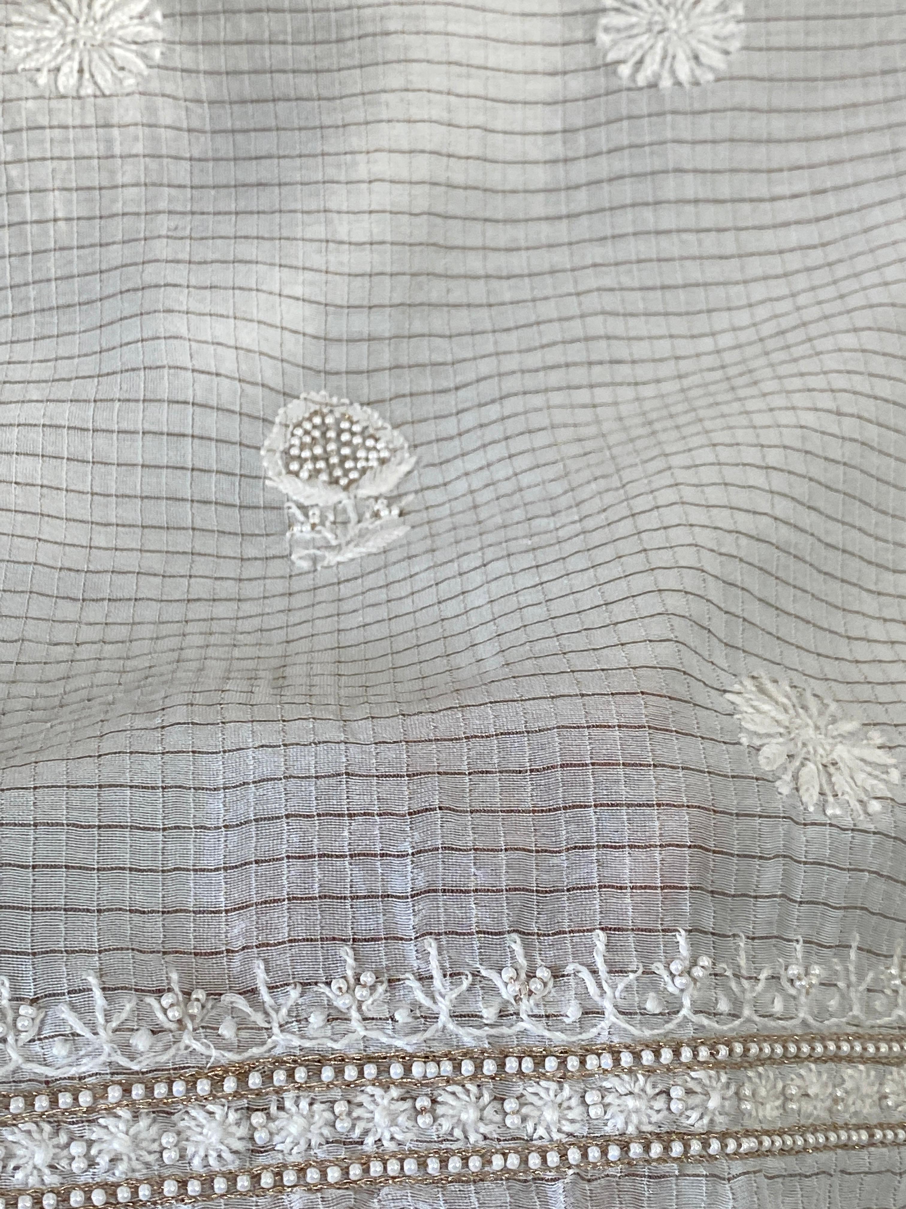 White CHANDERI ZARI CHECKS MENS KURTA